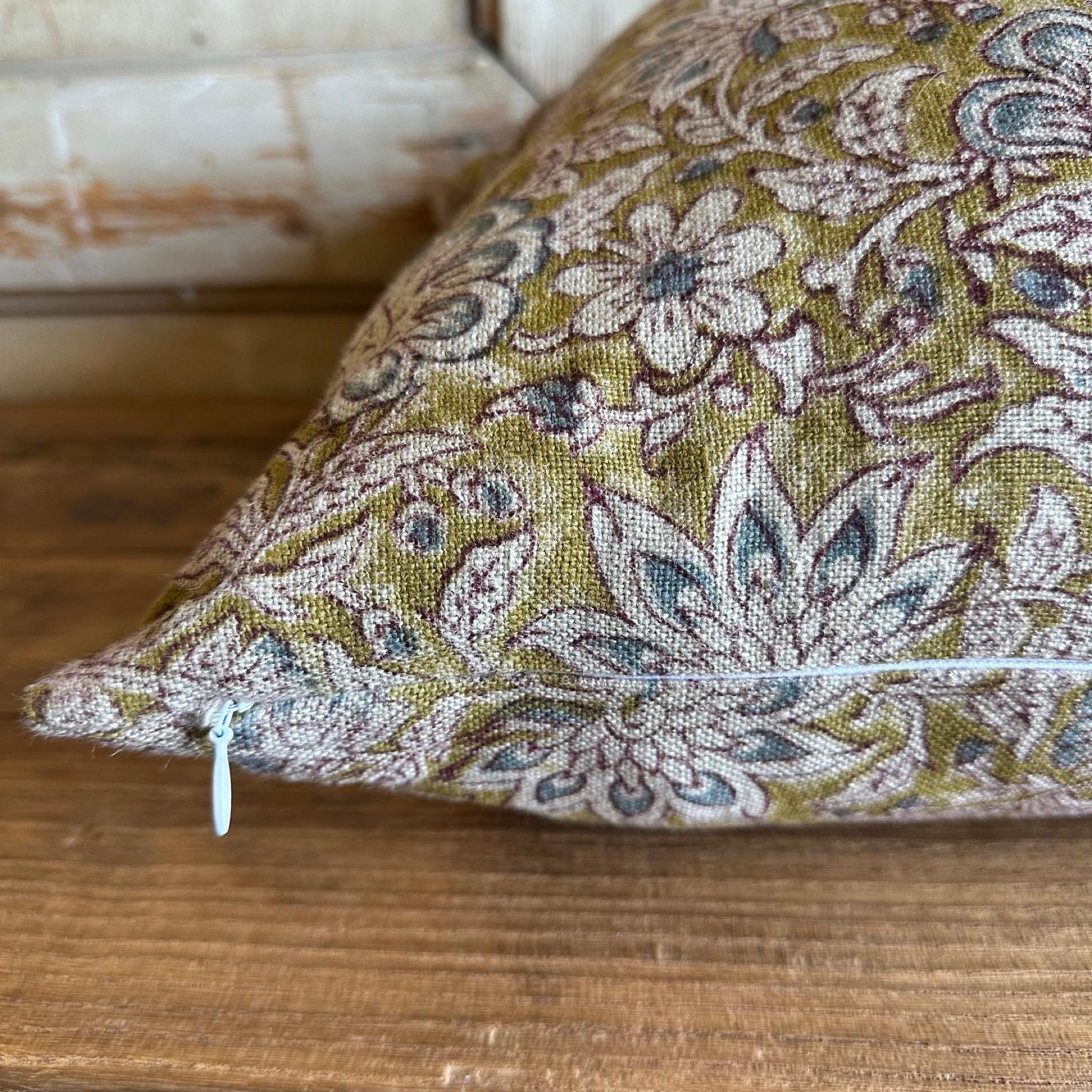 Beautifully hand block-printed pillow on heavy linen fabric.
Zipper closure. 
Double Sided Pillow, Front and Back show the same block-printed linen.
Care Instructions: Dry clean recommended.


