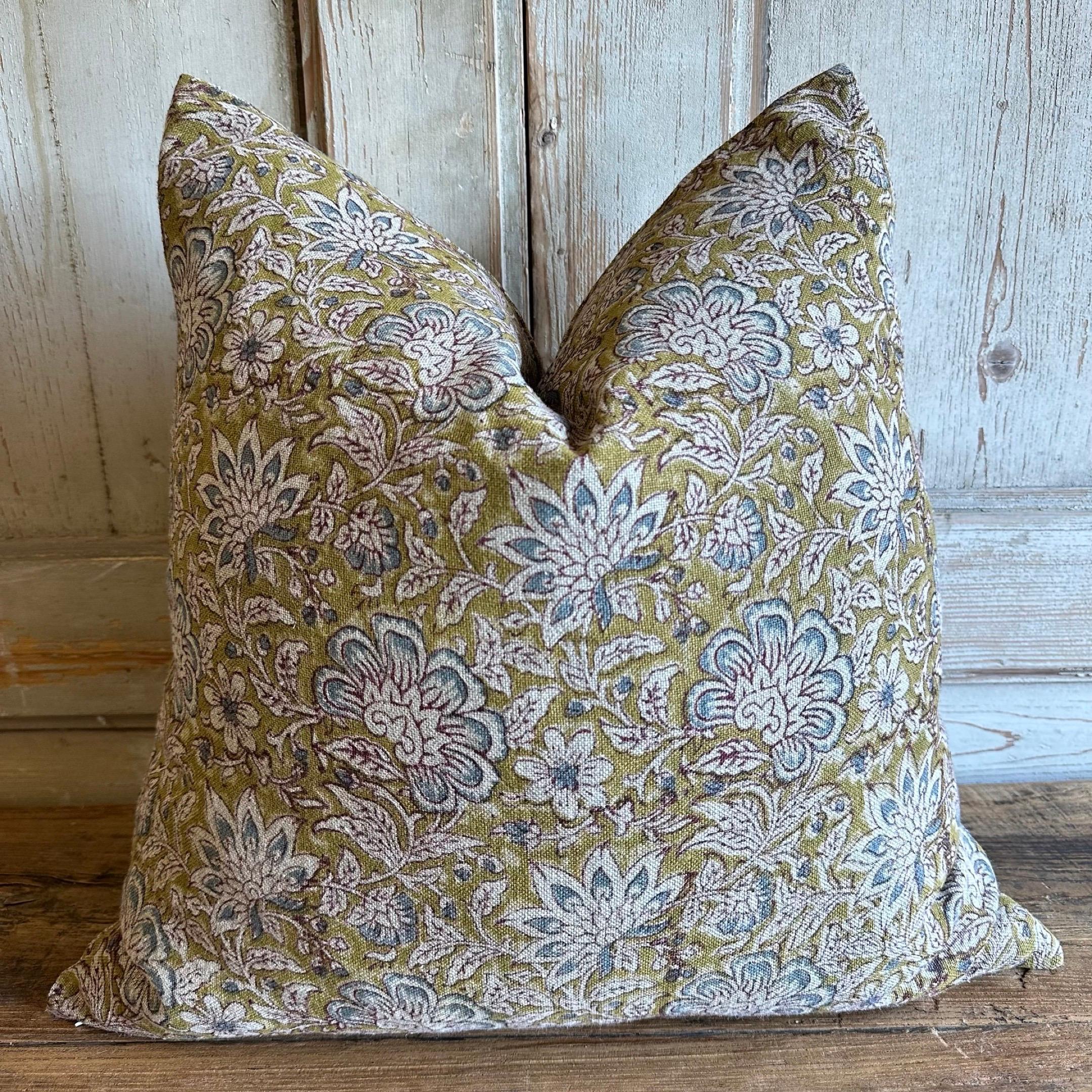 Contemporary Custom Linen Block Printed Pillow with Down Insert For Sale