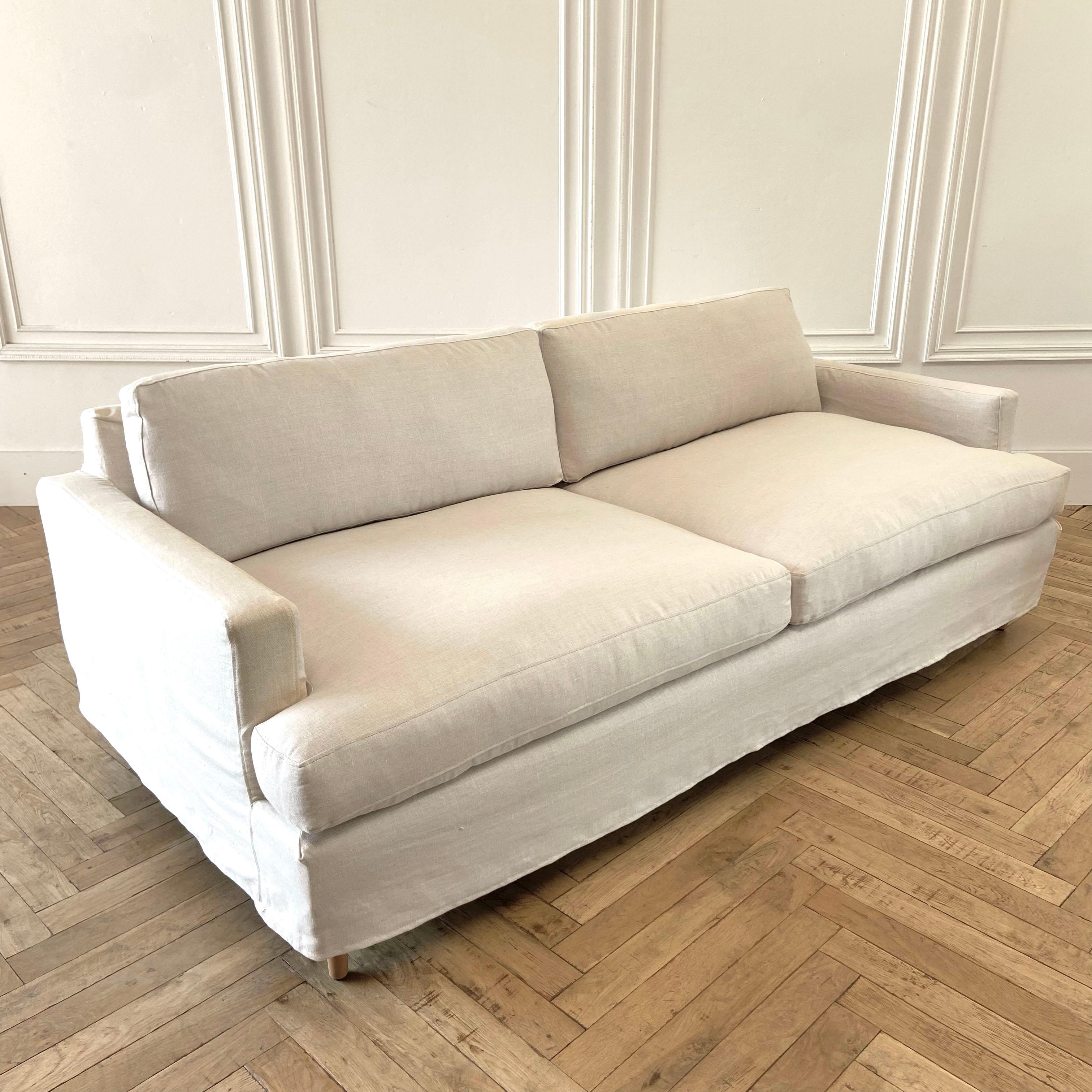 Contemporary Floor Sample Sale Custom Linen Slip Covered Square Arm Sofa with Down Cushions