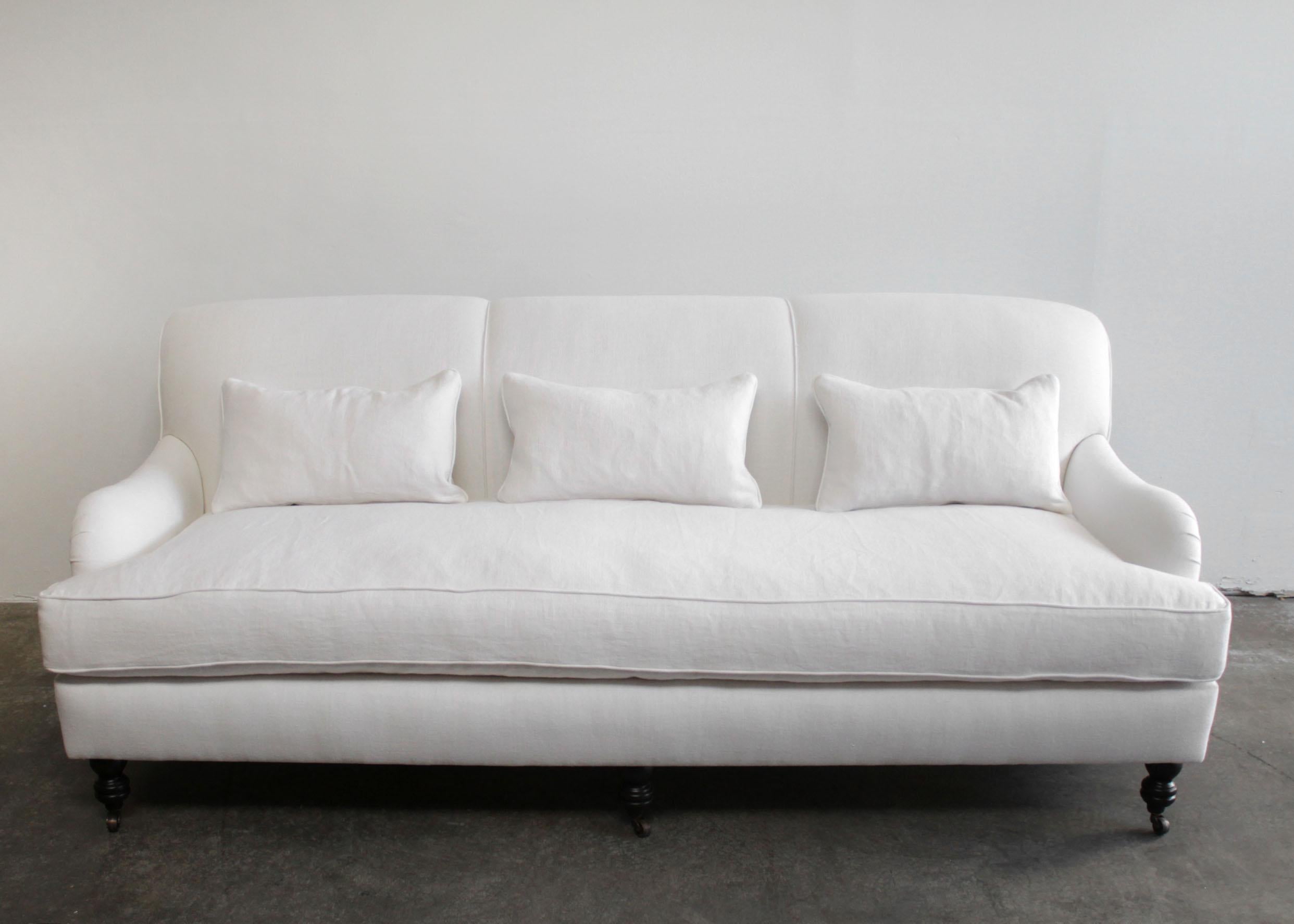 North American Custom LISTING FOR (A) White Linen English Arm Rolled Back Sofa with Casters