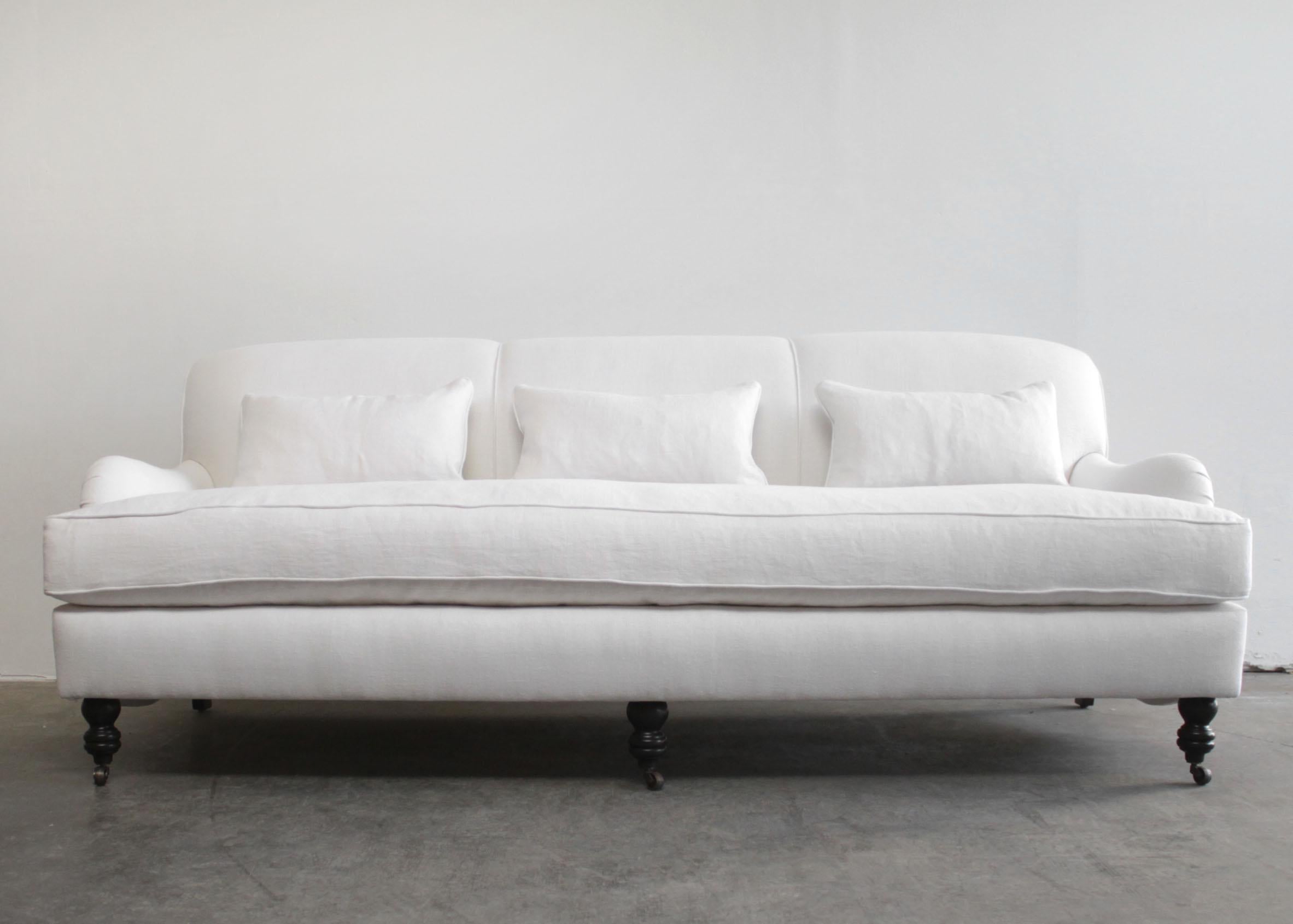 Custom LISTING FOR (A) White Linen English Arm Rolled Back Sofa with Casters In New Condition In Brea, CA