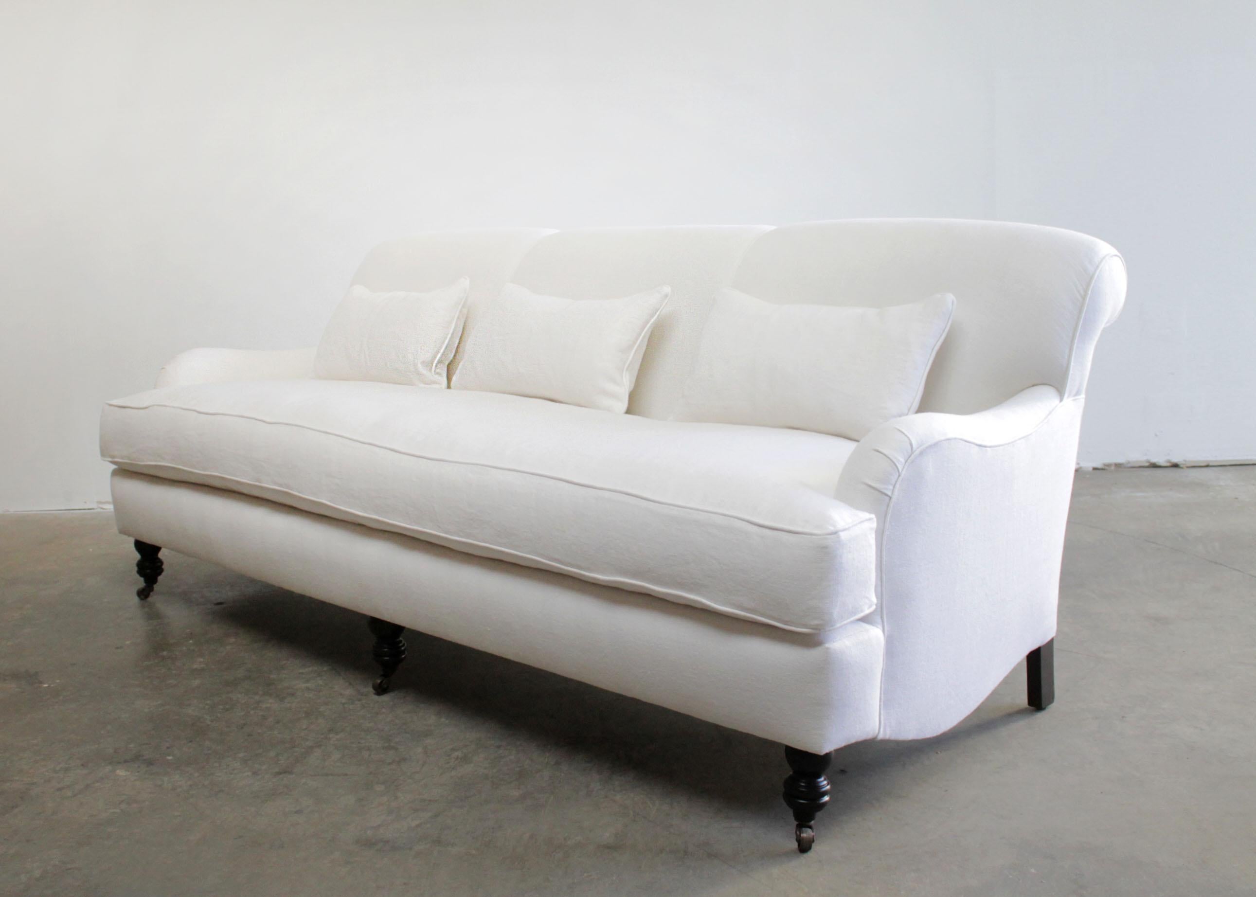 Contemporary Custom LISTING FOR (A) White Linen English Arm Rolled Back Sofa with Casters