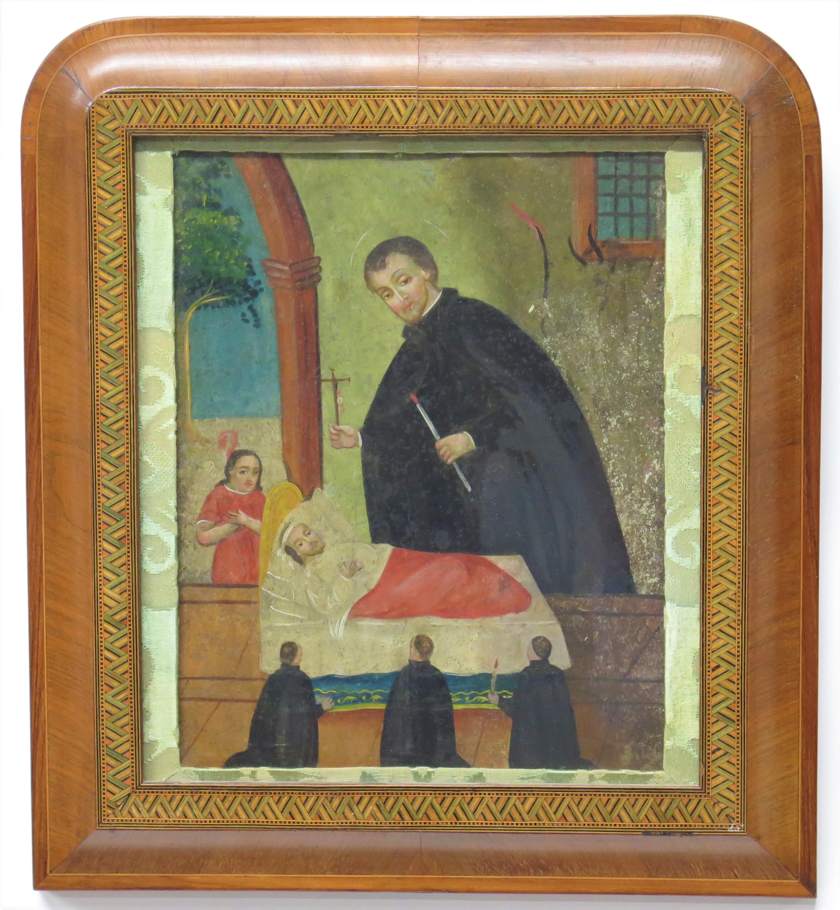  a group of 7 Spanish Colonial retablos with marquetry frames for Ann
