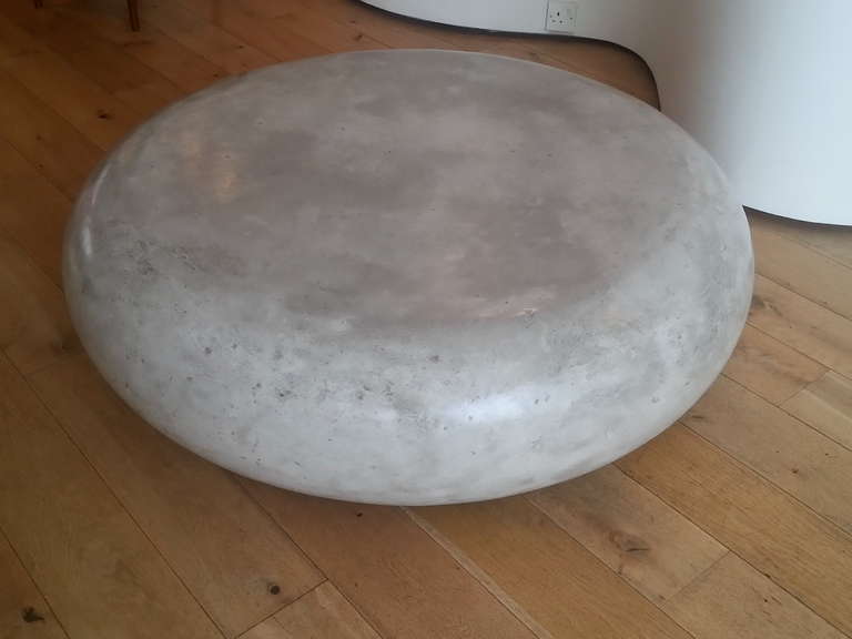 Two 'Coffee Bean' Coffee Tables - To Order:
A - Mottled 'cement' (pale grey) scagliola (polished plaster) circular coffee table, with softly rounded edges, on casters - 120 cm diameter
B - Mottled 'mole' (brown/grey) scagliola circular coffee table,