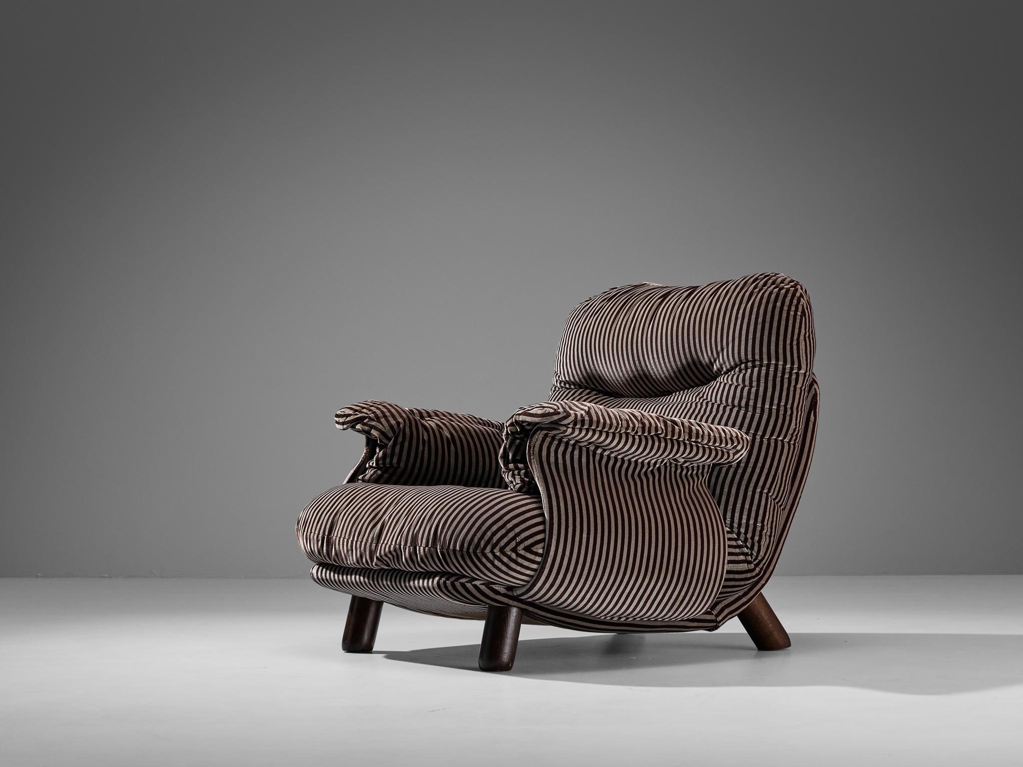 This is a custom listing for S: This includes the upholstered lounge chair and table as discussed on the private messages. 

E. Cobianchi for Insa, lounge chair, fabric, stained wood, Italy, 1970s 

An Italian bulky easy chair designed by E.