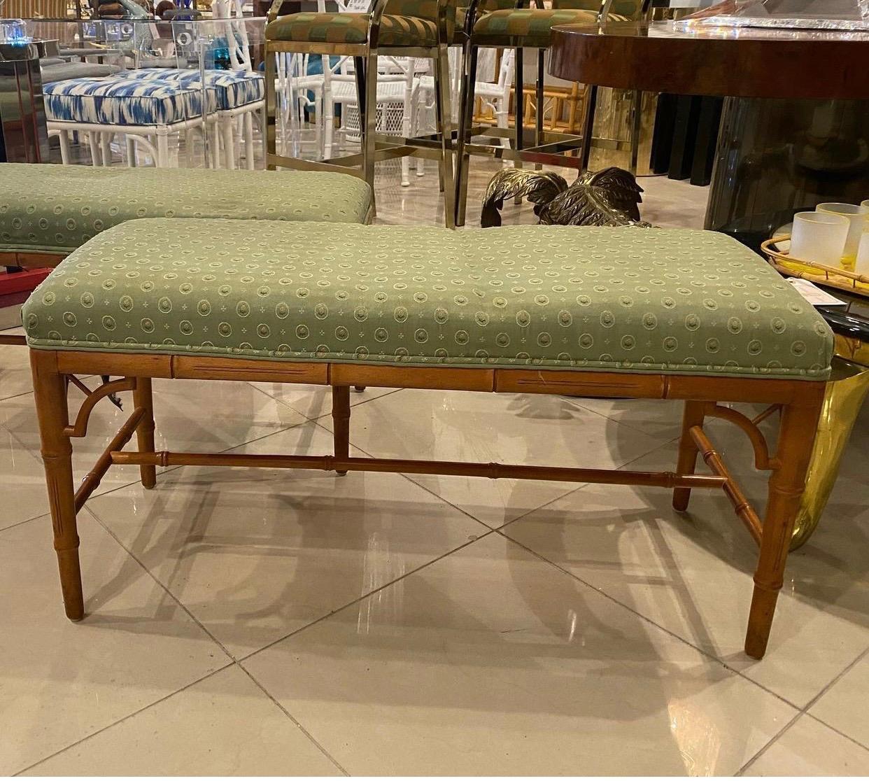 Pair of faux bamboo benches. Upholstery is original and will need to be recovered. May have stains or holes present. Wood finish is original. I have 200 of these so if you would like a single or more than a pair I can create a custom listing for