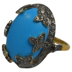 Custom listing Vintage style brown Rose cut diamonds natural turquoise Ring
