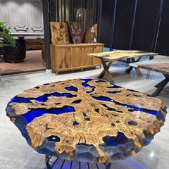 Custom Live Edge Mediterranean Olive Wood Blue Epoxy Resin Coffee Table