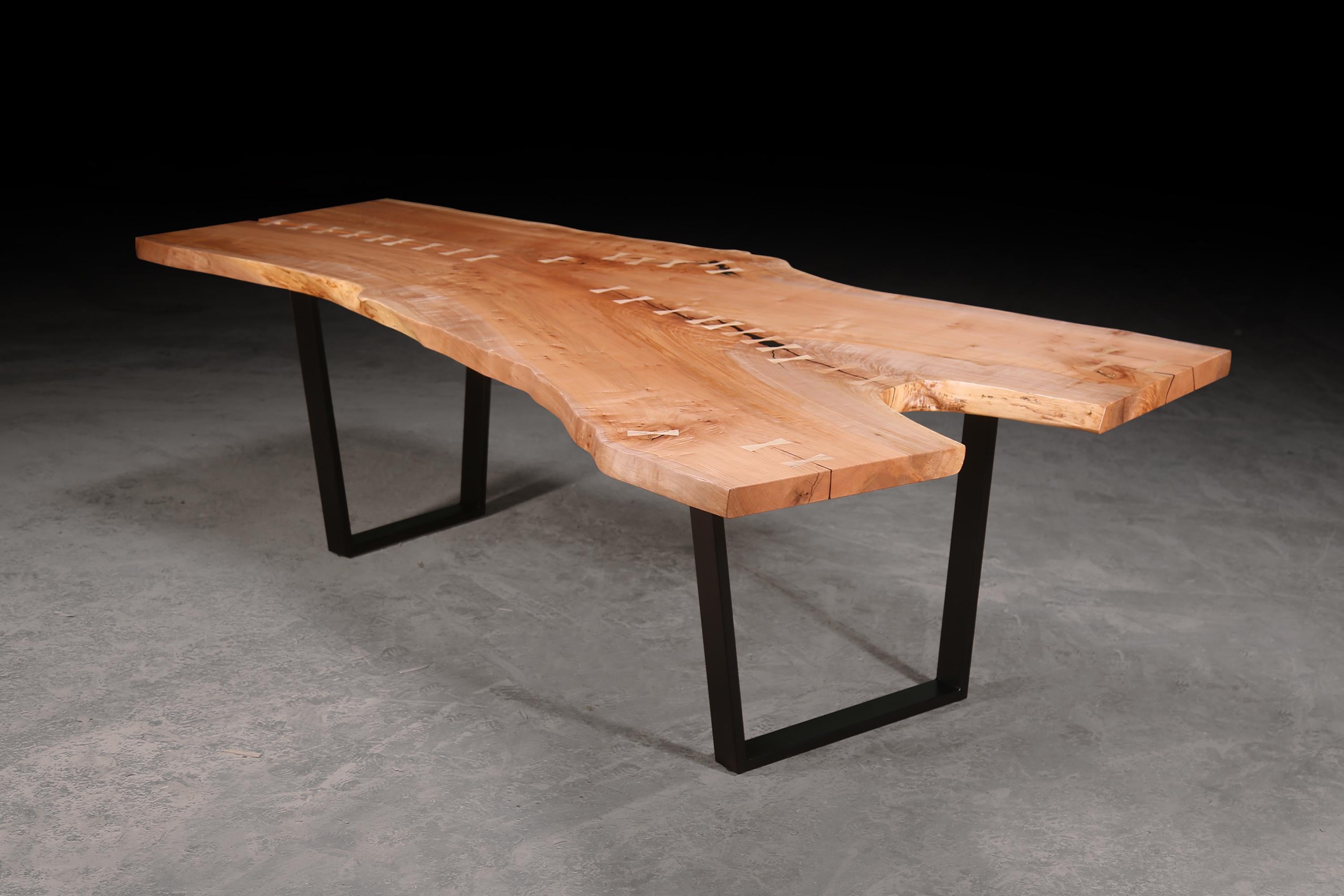 Hand-Crafted Custom live edge, single slab maple table with bowtie inlay, metal base For Sale