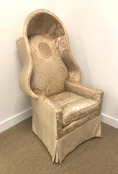 Custom Louis XV Cream Silk Damask Porter’s Canopy Hooded Chair