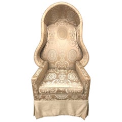 Retro Custom Louis XV Cream Silk Damask Porter’s Canopy Hooded Chair