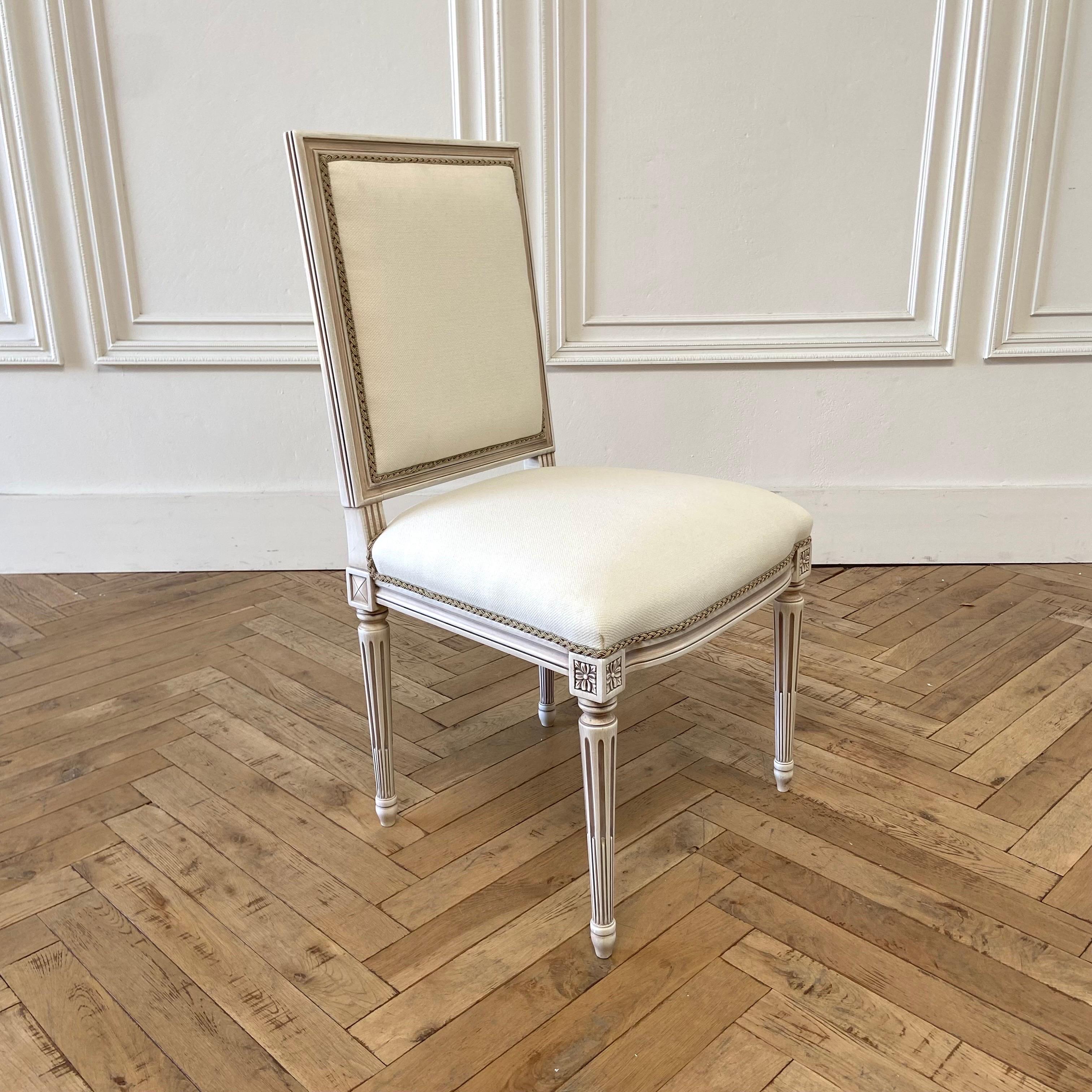 Custom Louis XVI Style Dining Chair in White Linen Blend Upholstery For Sale 3