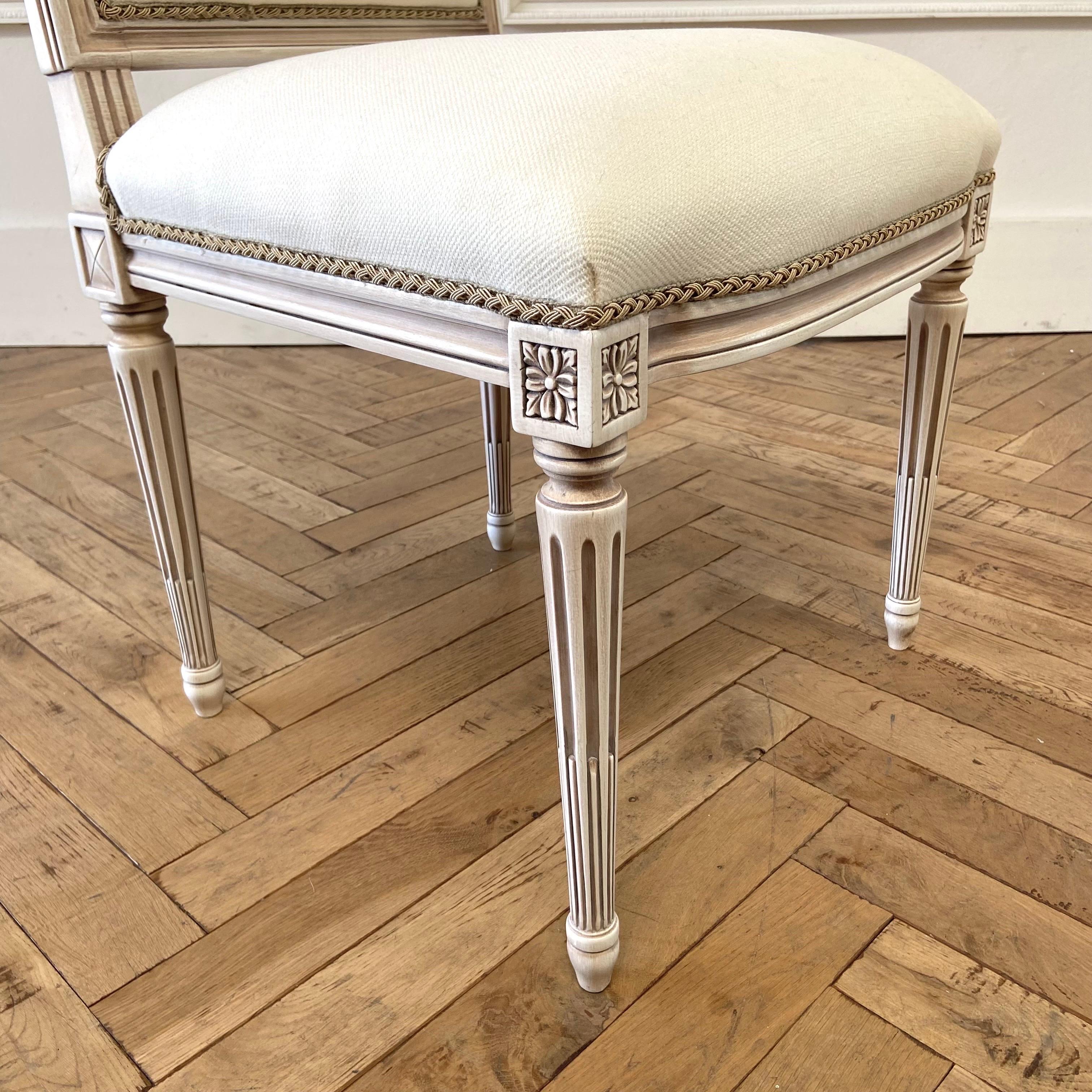 Custom Louis XVI Style Dining Chair in White Linen Blend Upholstery For Sale 4