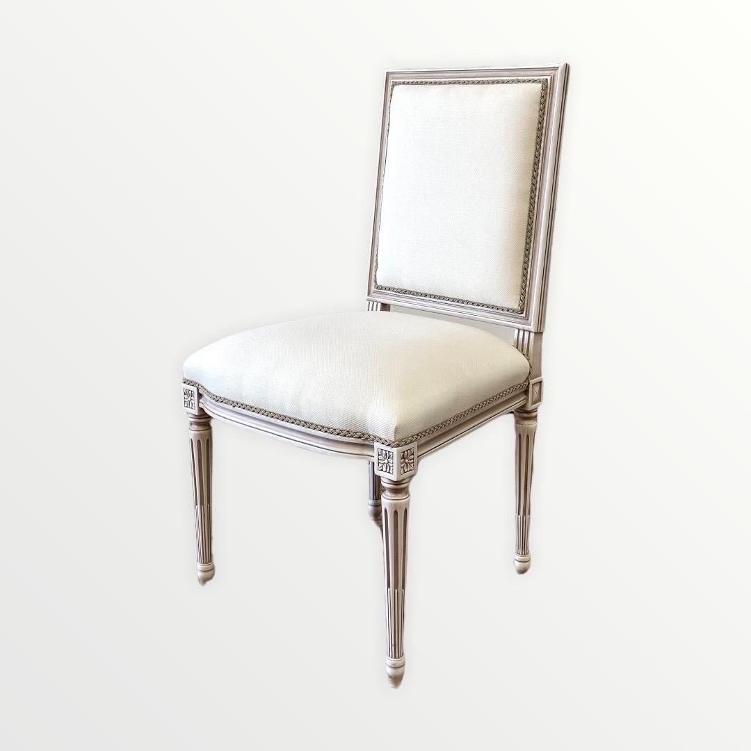 Custom Louis XVI Style Dining Chair in White Linen Blend Upholstery For Sale 9