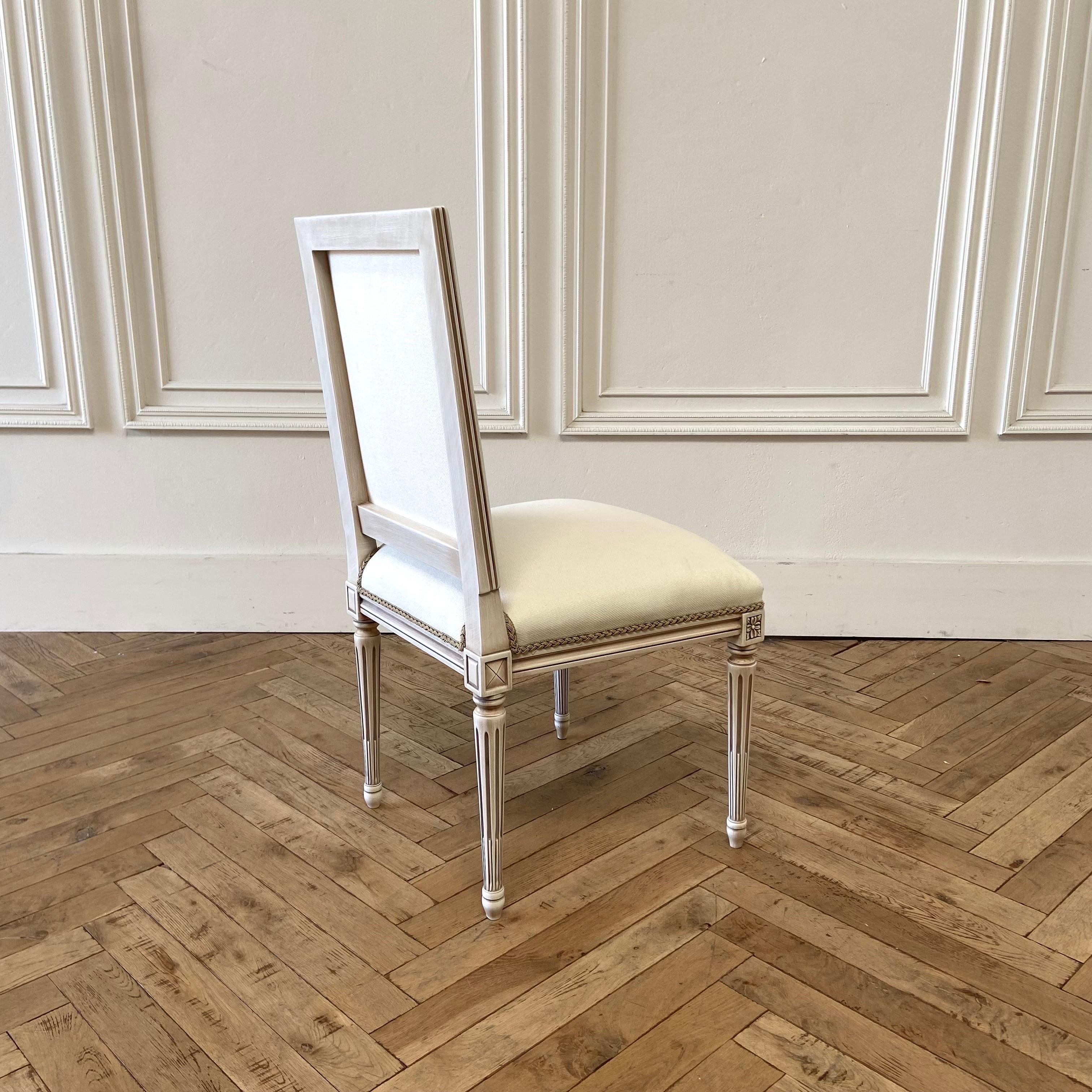 Custom Louis XVI Style Dining Chair in White Linen Blend Upholstery For Sale 1