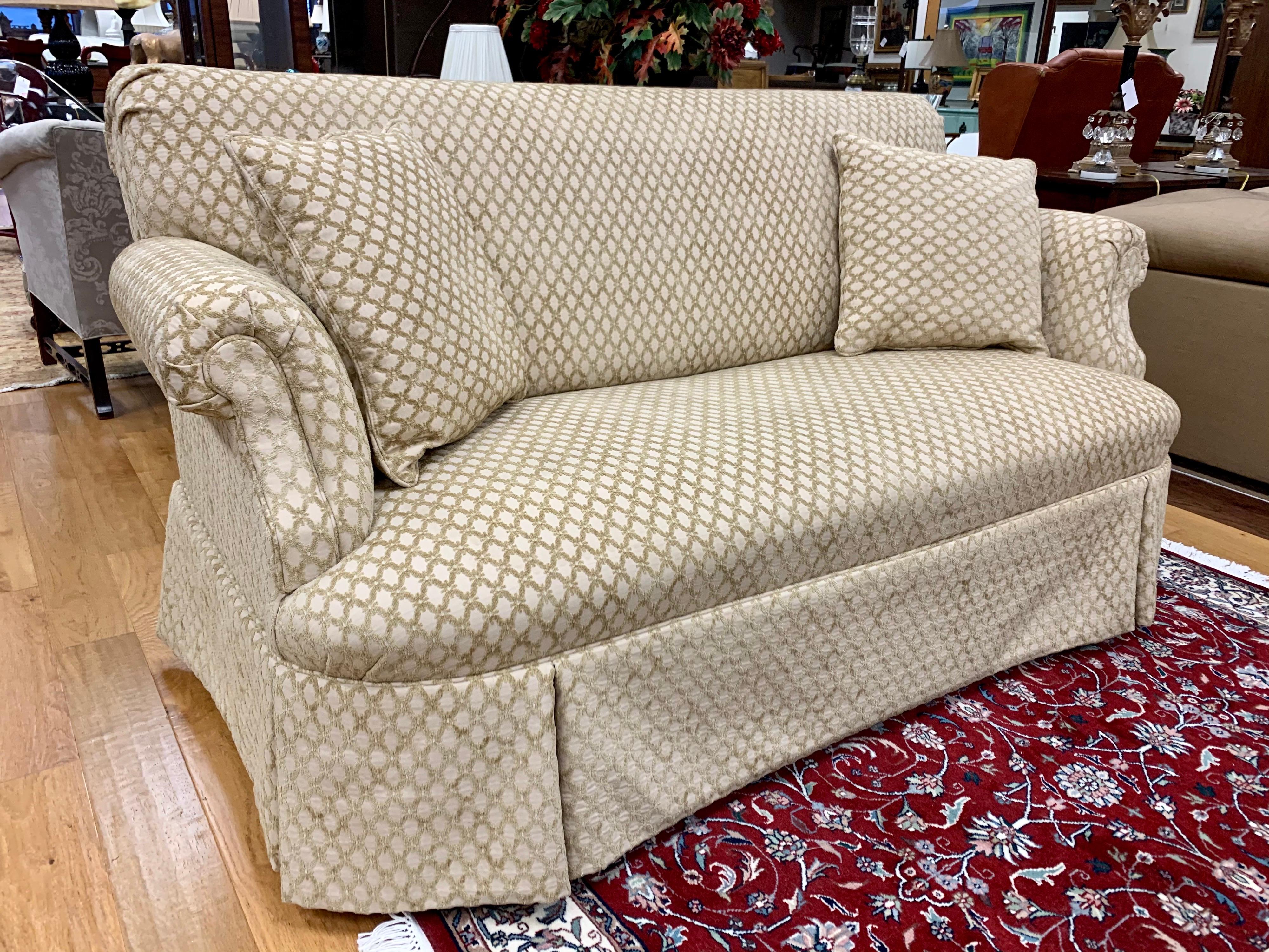 Stunning custom loveseat that measures six feet wide and has a luxurious Kravet fabric
featuring a regal raised trellis pattern. All dimensions are below. Now, more than ever, home is where the heart is.