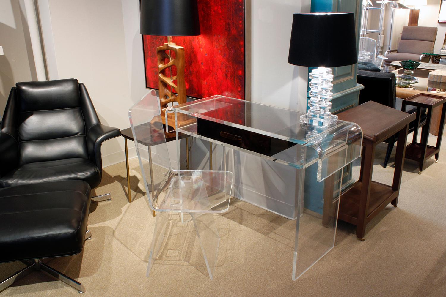Custom Lucite Desk or Vanity with Tortishell Lucite Drawer and Chair, 1970s 4