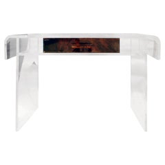 Custom Lucite Desk or Vanity with Tortishell Lucite Drawer and Chair, 1970s