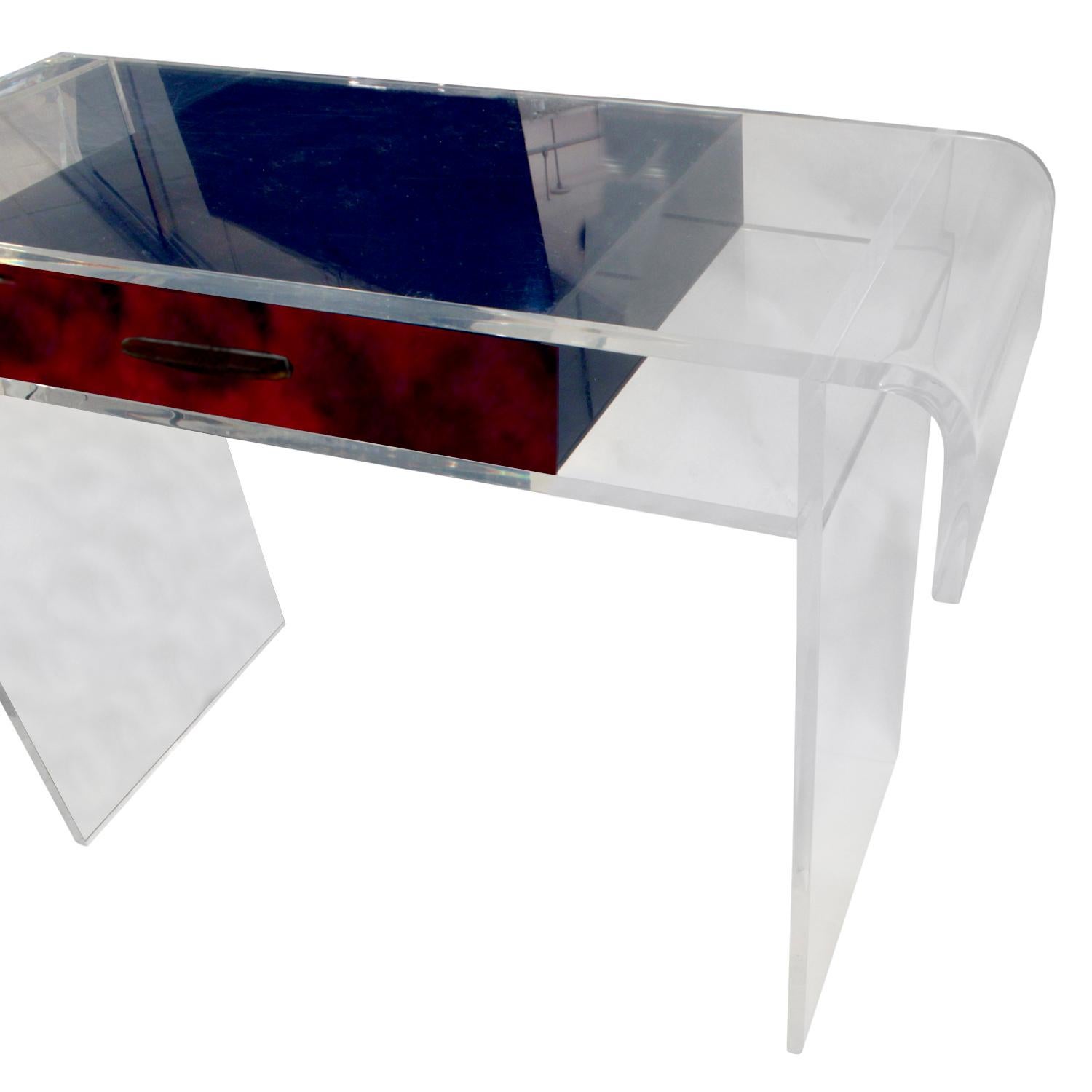 American Custom Lucite Desk or Vanity with Tortishell Lucite Drawer and Chair, 1970s