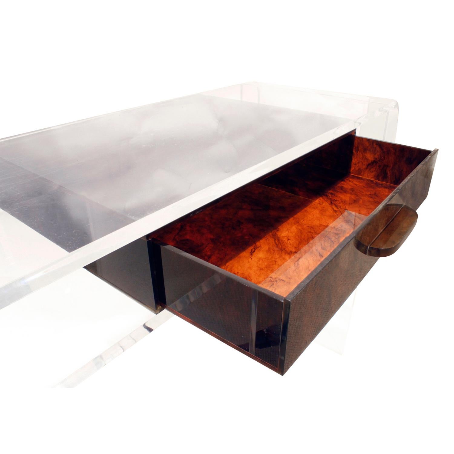 Hand-Crafted Custom Lucite Desk or Vanity with Tortishell Lucite Drawer and Chair, 1970s