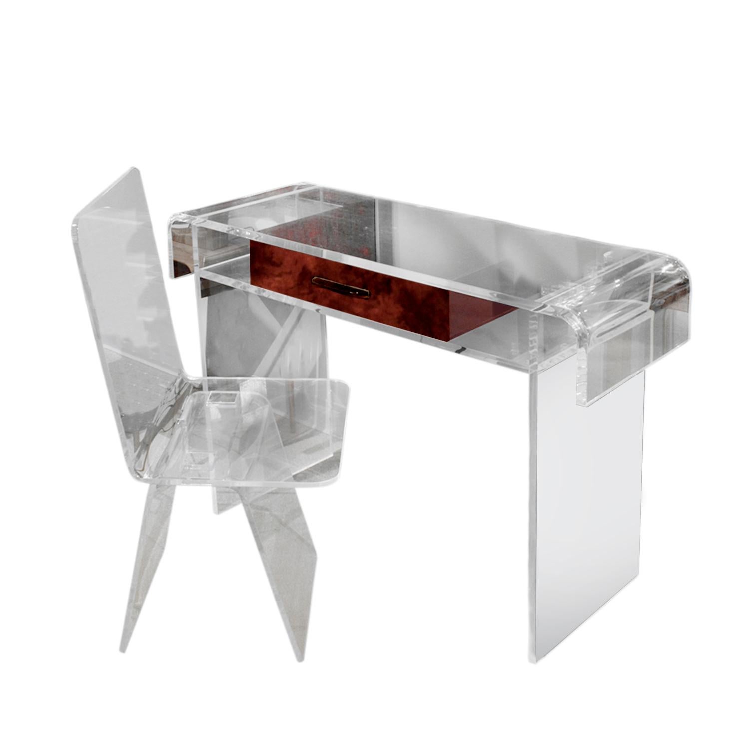 Custom Lucite Desk or Vanity with Tortishell Lucite Drawer and Chair, 1970s