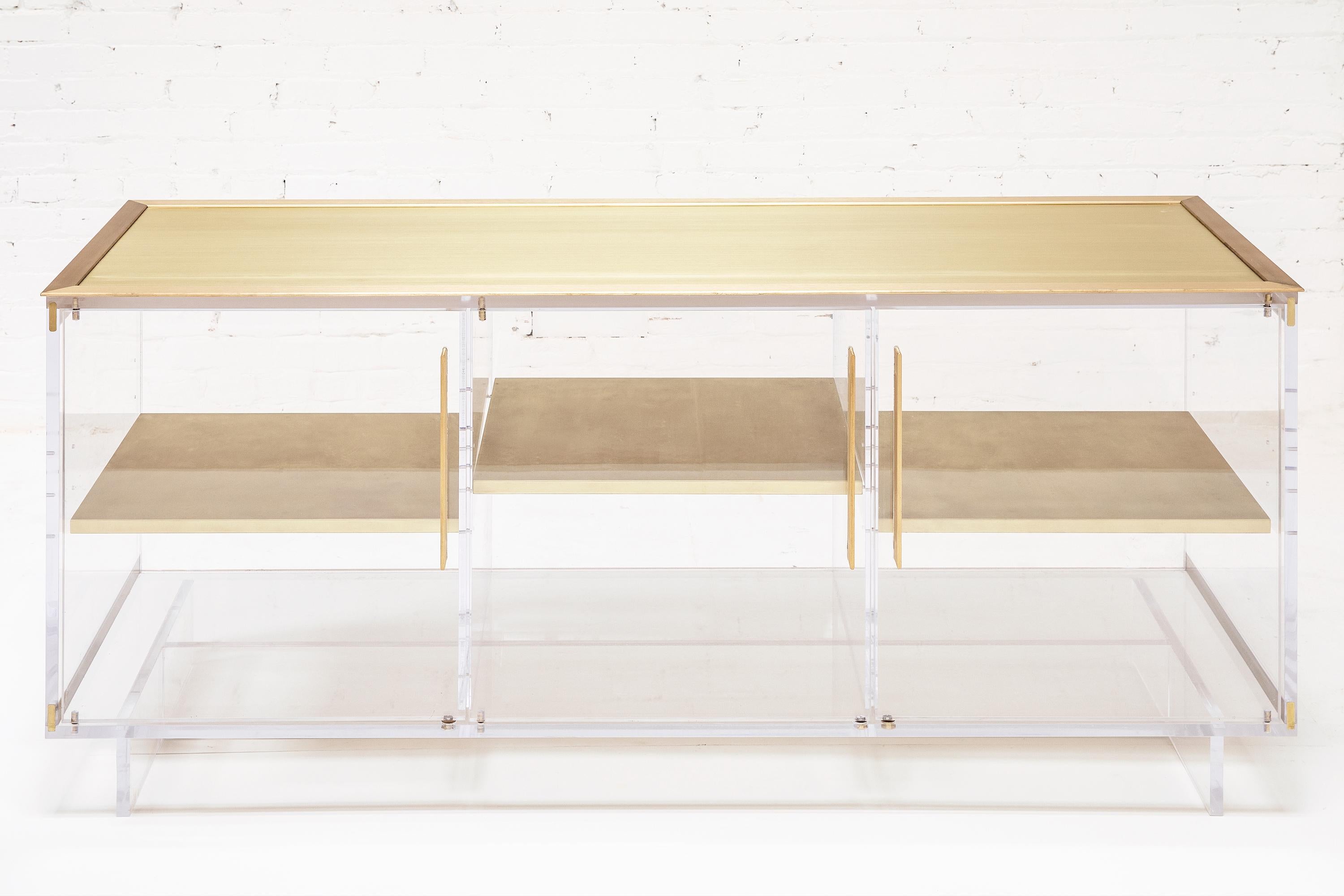 American Custom Lucite Sideboard with Brass Shelves and Top