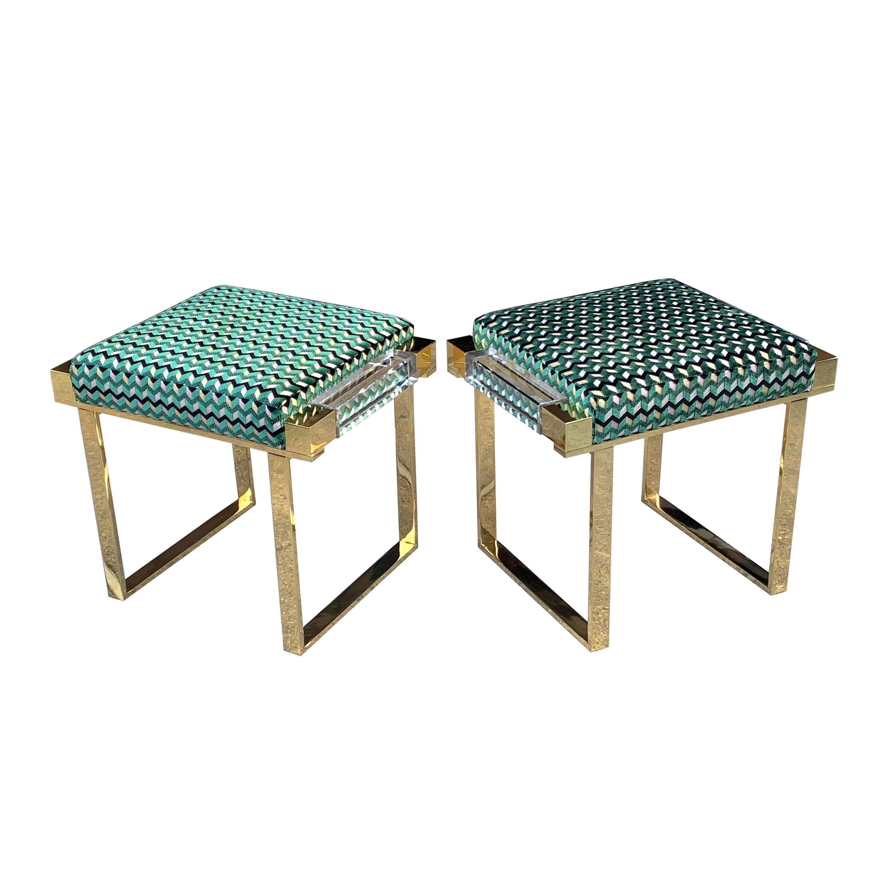 Custom Lucite and Solid Brass "Box" Benches by Charles Hollis Jones