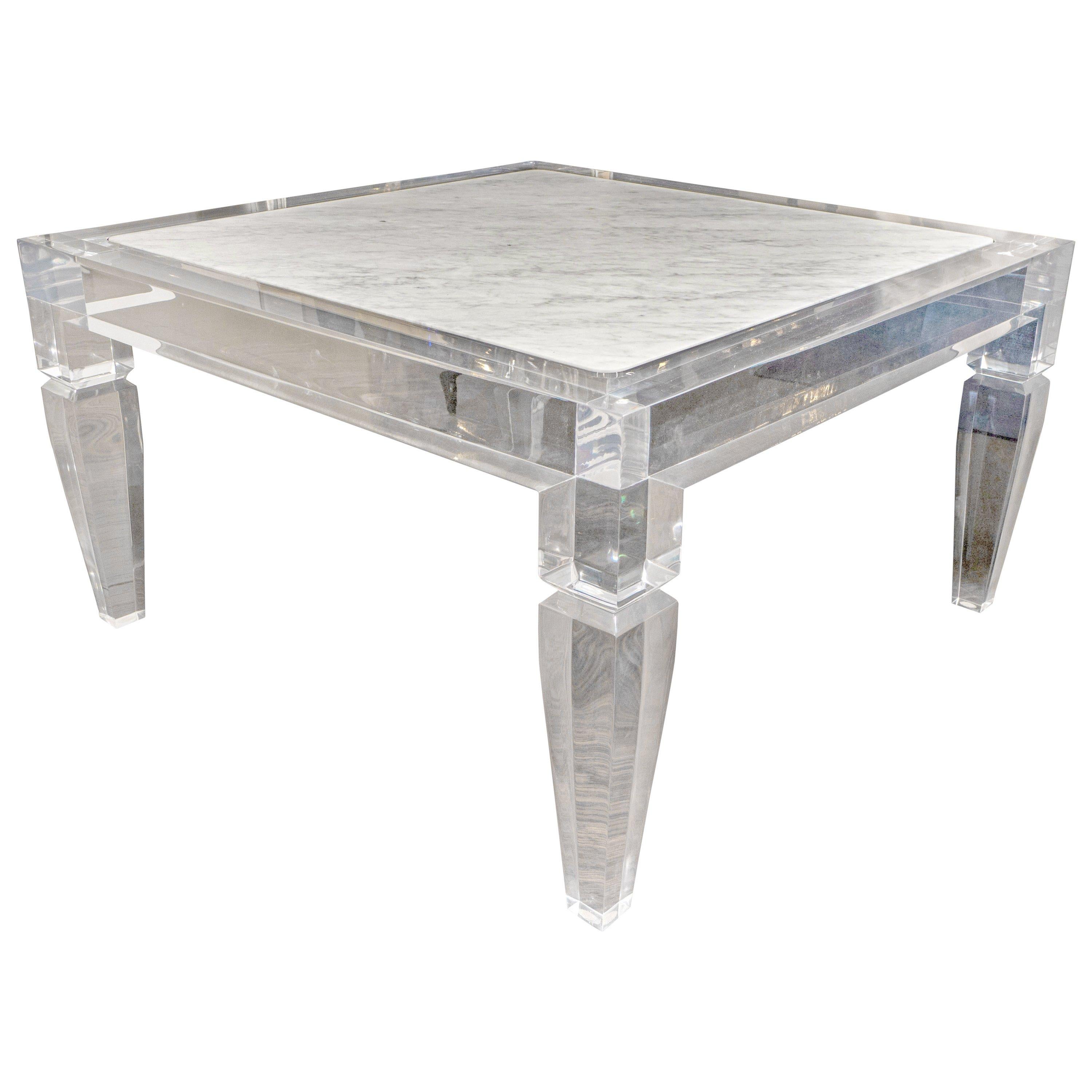 Custom Lucite Table with Carrara Marble Inset Top For Sale