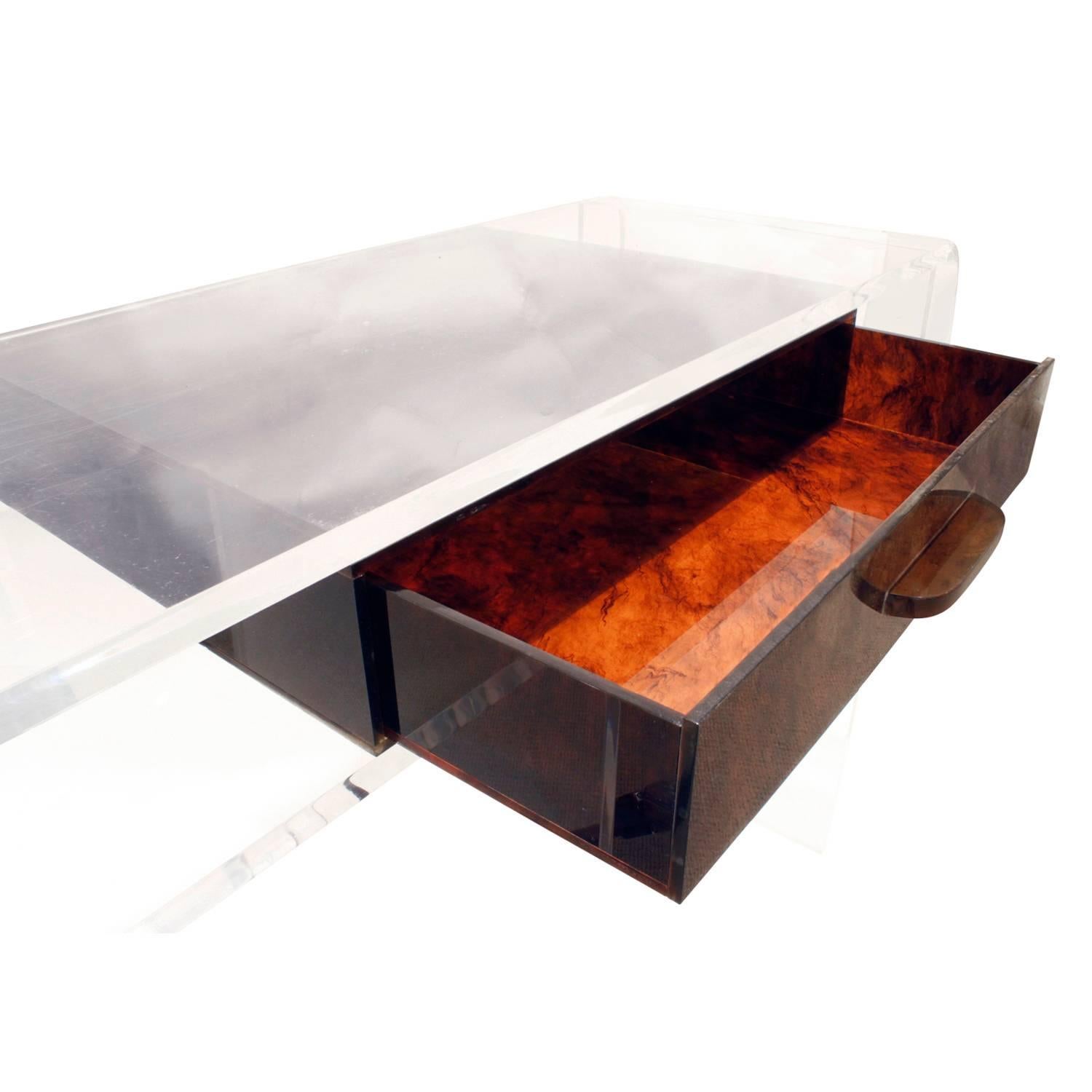 Hand-Crafted Custom Lucite Vanity with Tortishell Lucite Drawer and Chair, 1970s