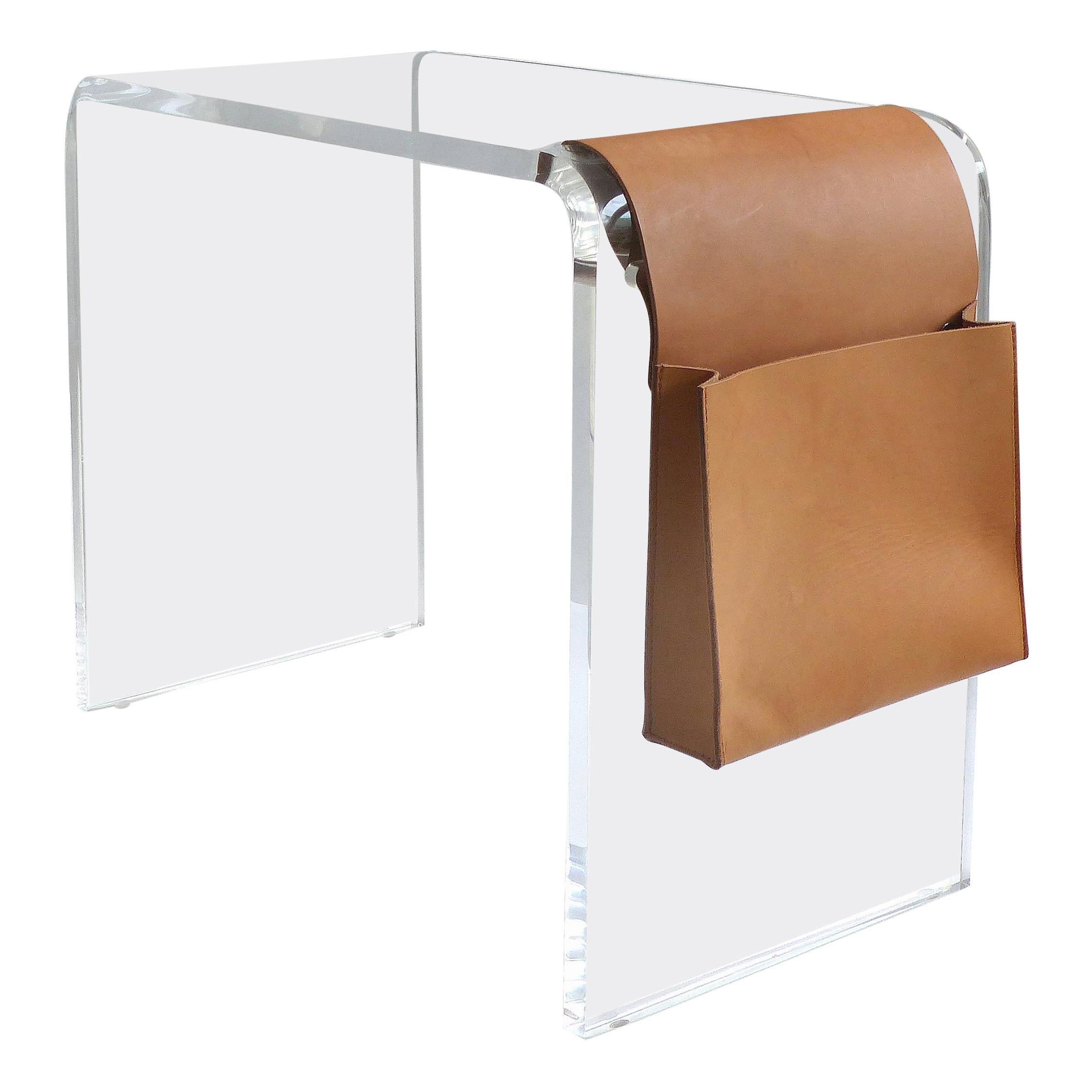 Custom Lucite Waterfall Side Table with Leather Magazine Pocket