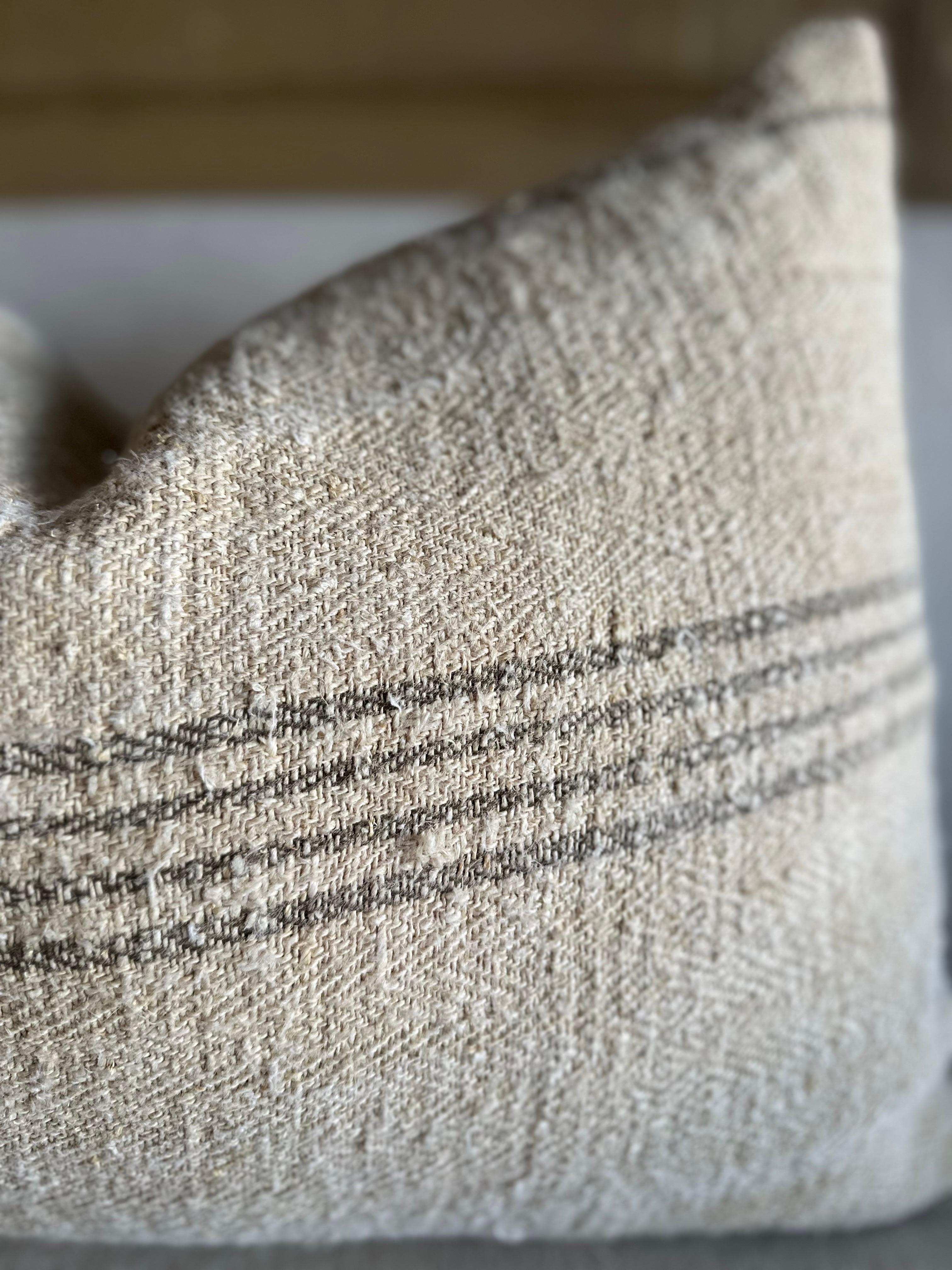 Organic Modern Custom Lumbar Pillow Made from Vintage Stripe Hemp Fabrics For Sale