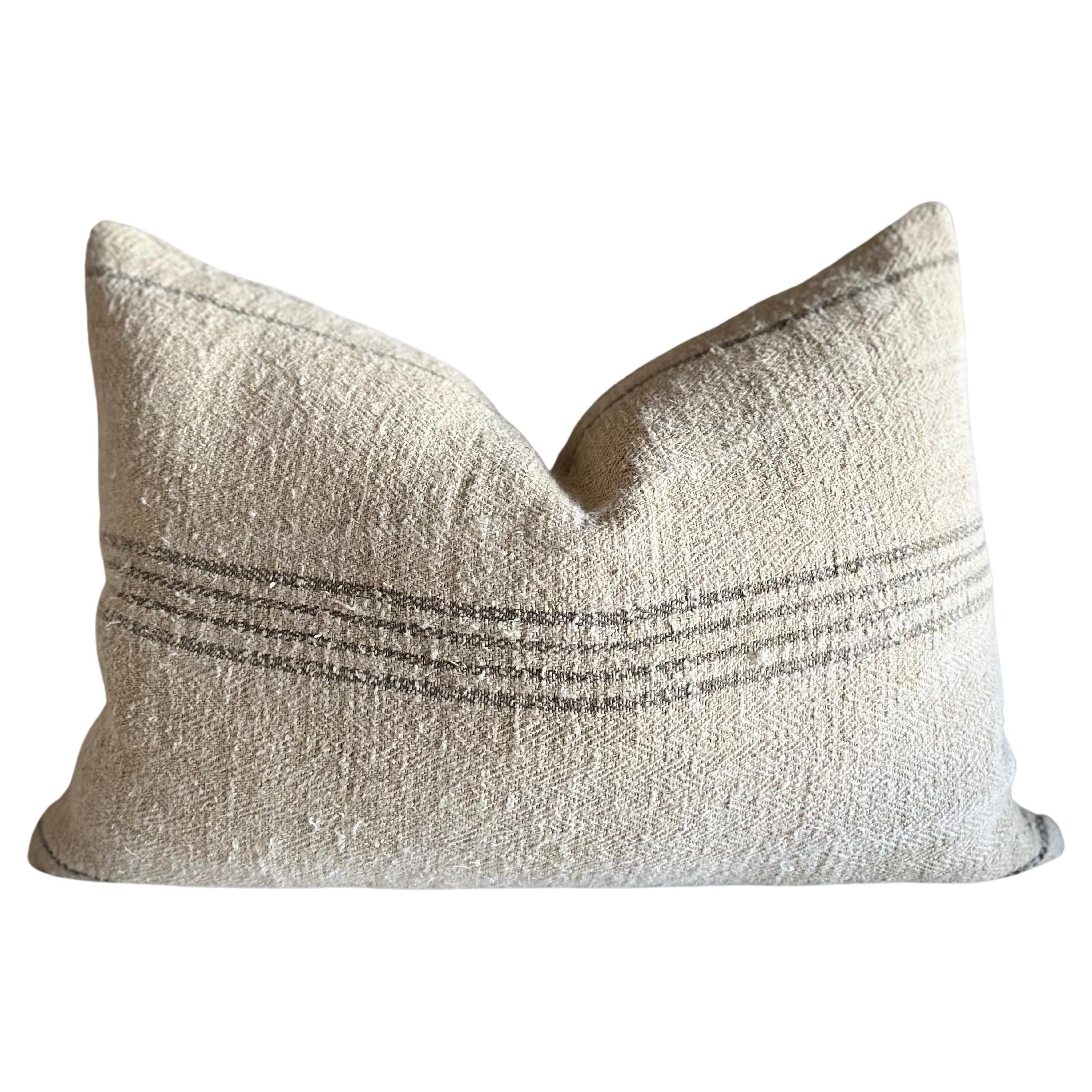 Custom Lumbar Pillow Made from Vintage Stripe Hemp Fabrics For Sale