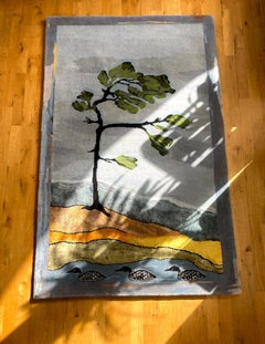 Custom Luxury Hand knotted Rug - Jack Pine Canadian tree, blue, green, brown