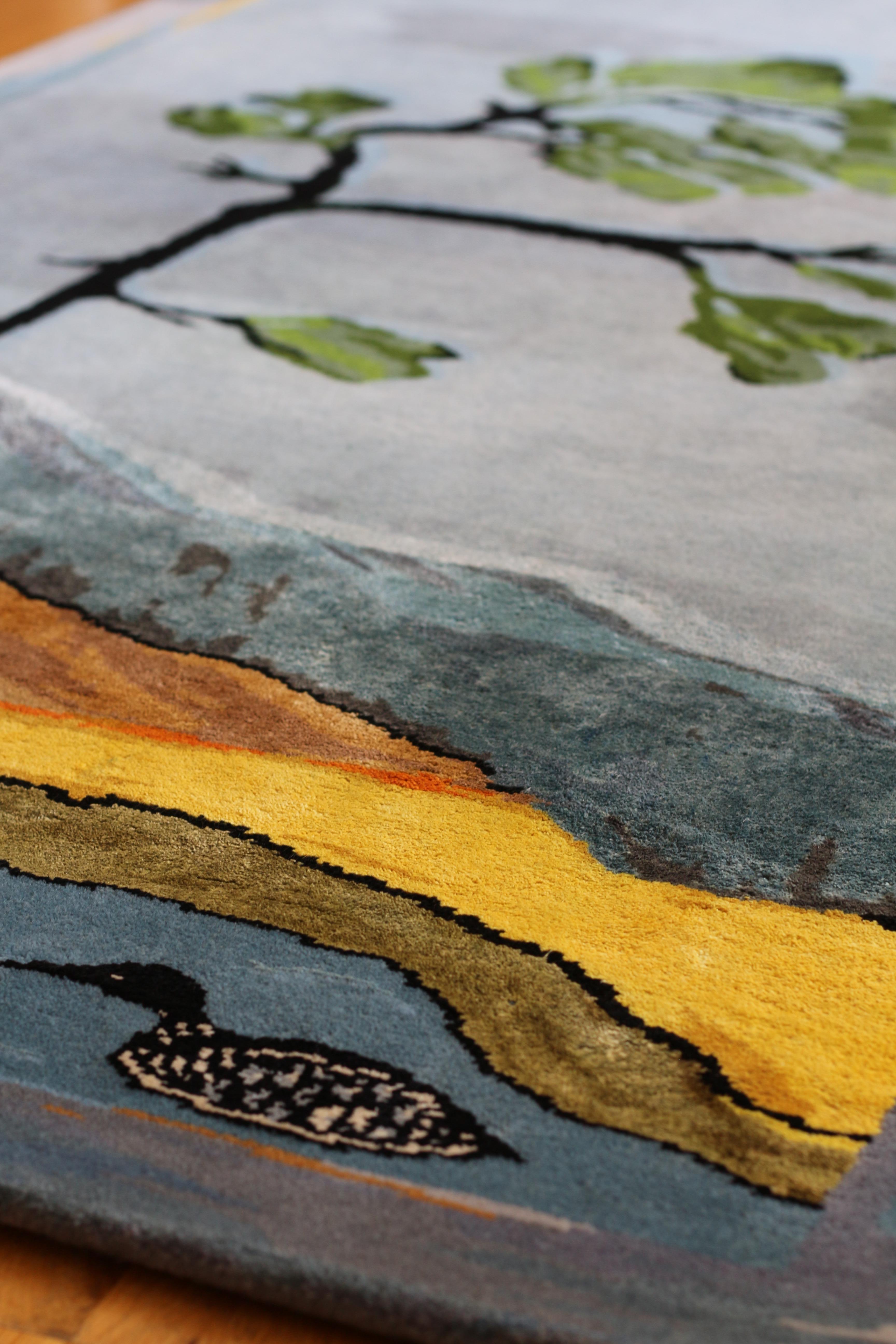 Modern Custom Luxury Hand knotted Rug - Jack Pine Canadian tree, blue, green, brown For Sale