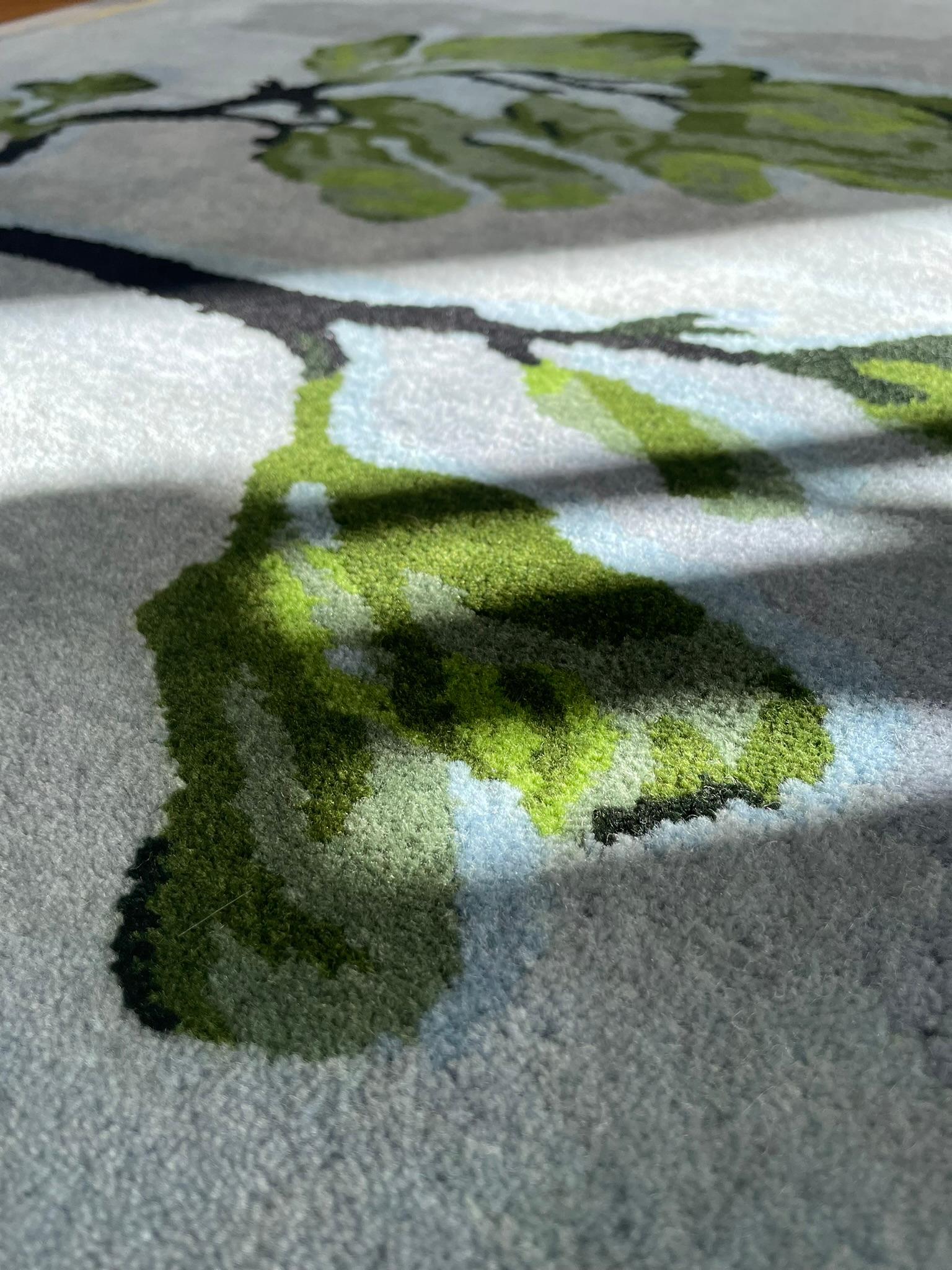 Custom Luxury Hand knotted Rug - Jack Pine Canadian tree, blue, green, brown In New Condition For Sale In Munich, DE