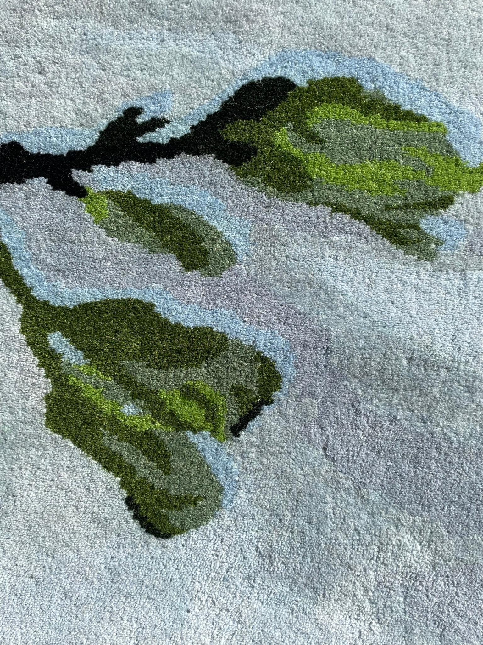 Contemporary Custom Luxury Hand knotted Rug - Jack Pine Canadian tree, blue, green, brown For Sale