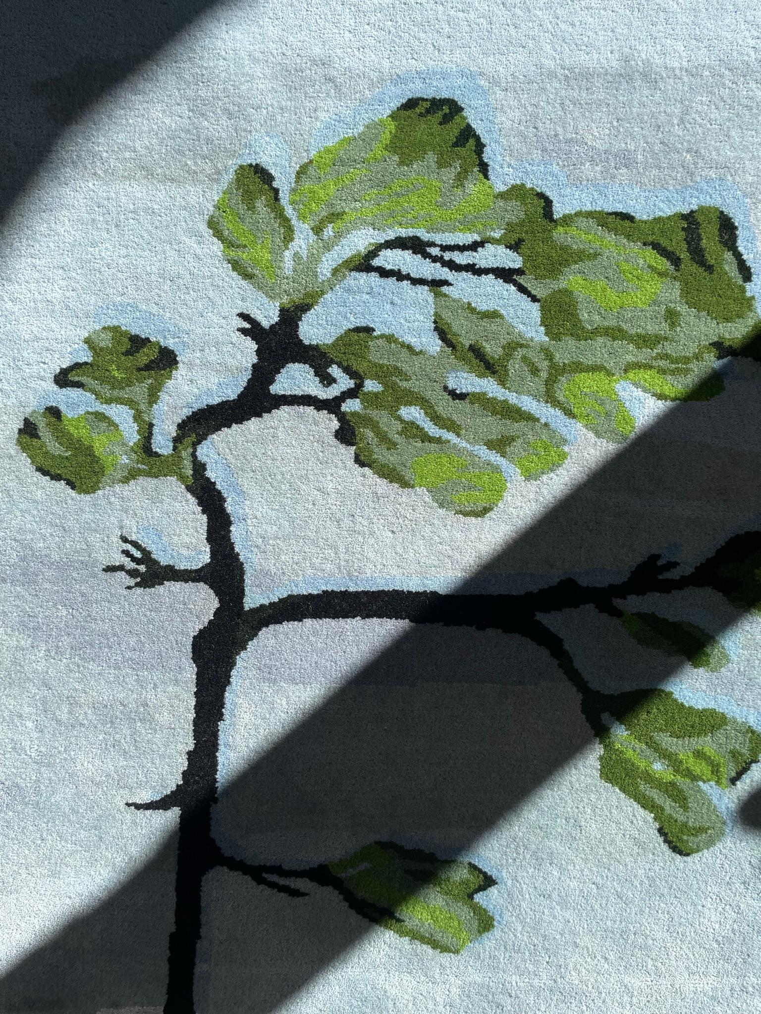 Wool Custom Luxury Hand knotted Rug - Jack Pine Canadian tree, blue, green, brown For Sale