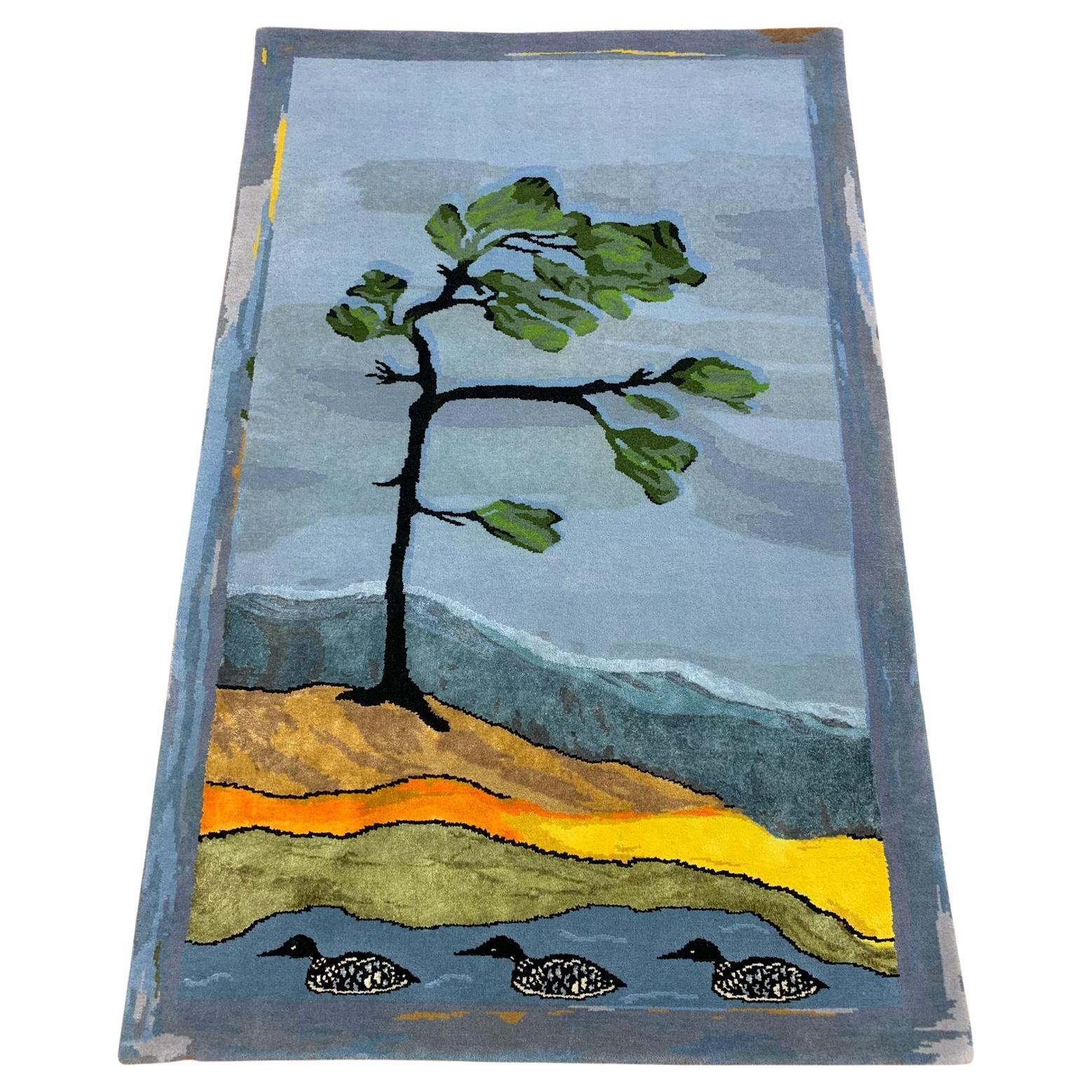 Custom Luxury Hand knotted Rug - Jack Pine Canadian tree, blue, green, brown For Sale