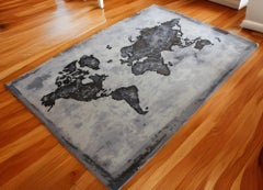 Custom Luxury Hand knotted Rug World Map, Wool, Linen + Tencel - Grey and Black