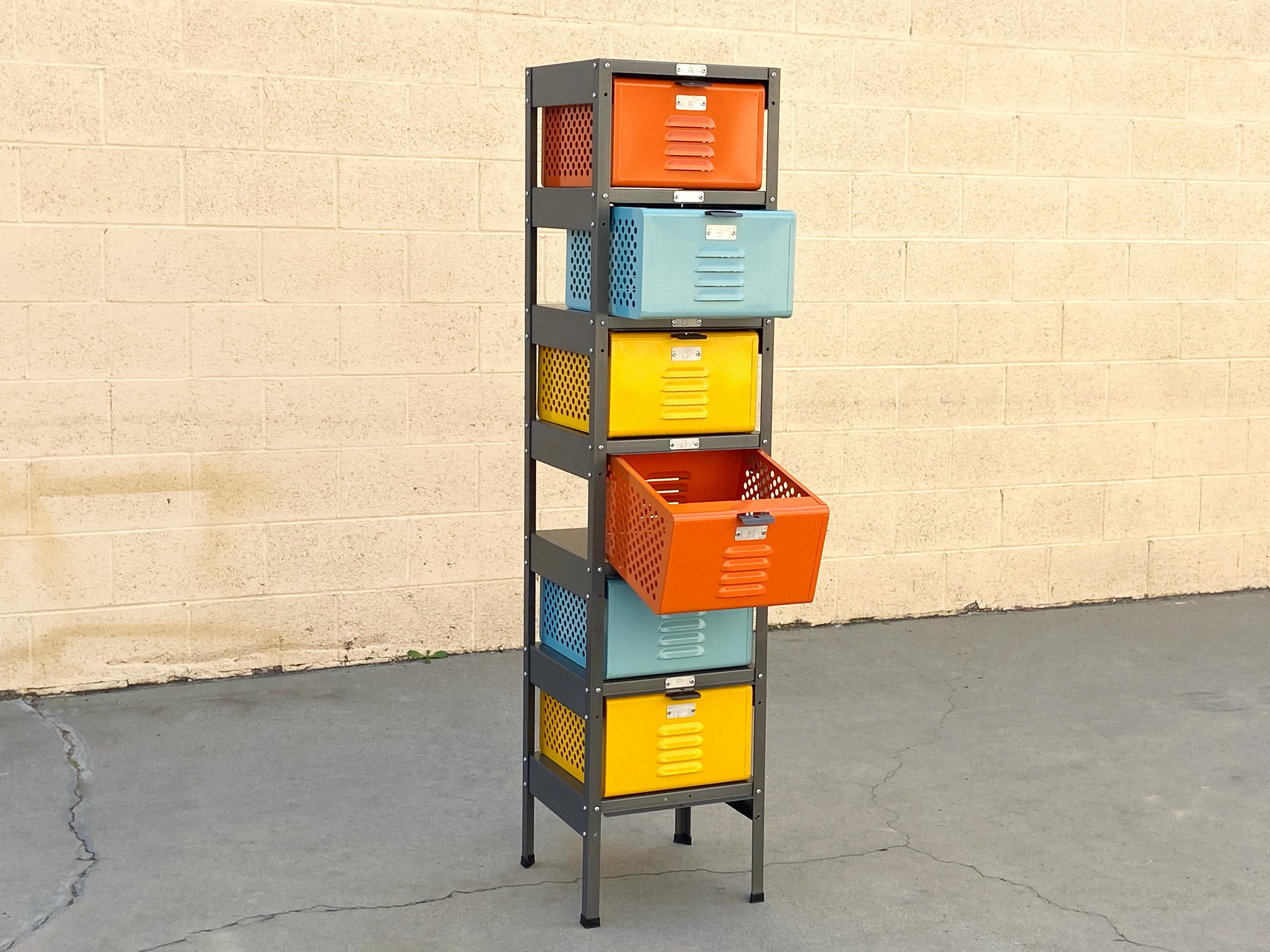 All new, custom fabricated 1 wide x 6 high locker basket unit inspired by those of the 1950s and 1960s. Customize your baskets and frame in tons of fun colors! Drawers feature capability to add lock.

As pictured: Natural steel powder coated frame