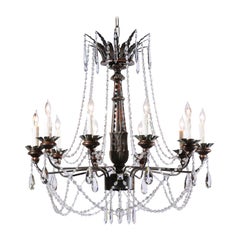 Custom-Made 10-Light Crystal Chandelier with Antique Italian Wooden Altar Stick