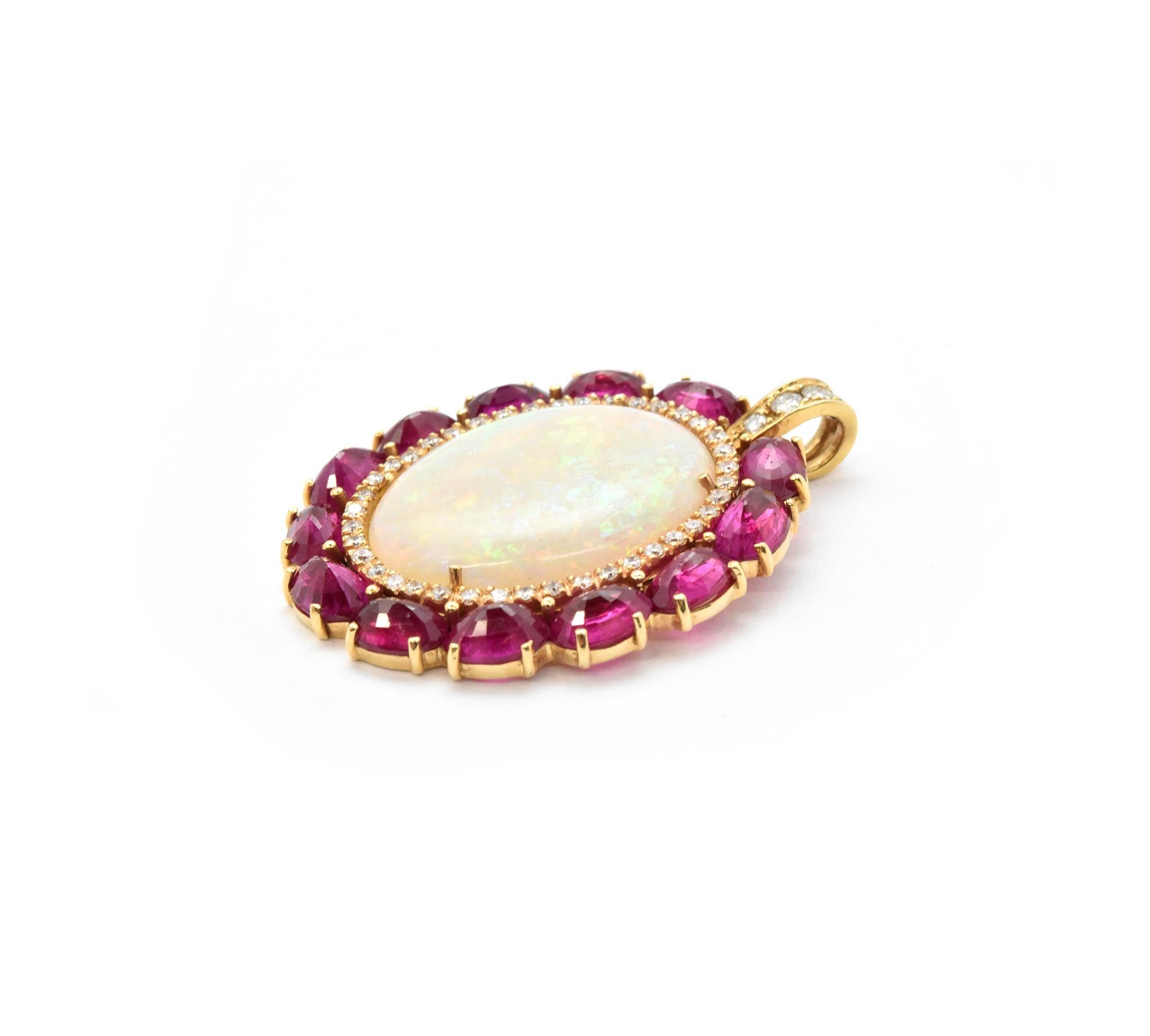 Custom Made 14 Karat Gold 18.56 Carat Opal, 8.46 Carat Ruby and Diamond Pendant In Excellent Condition In Scottsdale, AZ