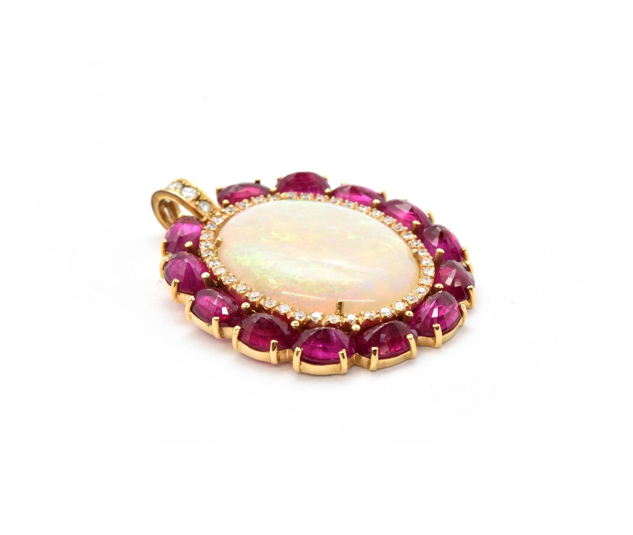 Women's or Men's Custom Made 14 Karat Gold 18.56 Carat Opal, 8.46 Carat Ruby and Diamond Pendant