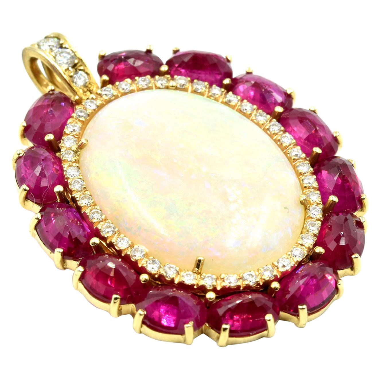 Custom Made 14 Karat Gold 18.56 Carat Opal, 8.46 Carat Ruby and Diamond Pendant