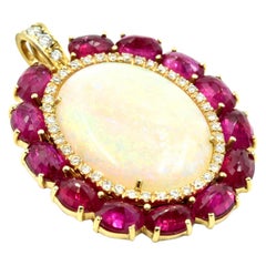 Custom Made 14 Karat Gold 18.56 Carat Opal, 8.46 Carat Ruby and Diamond Pendant