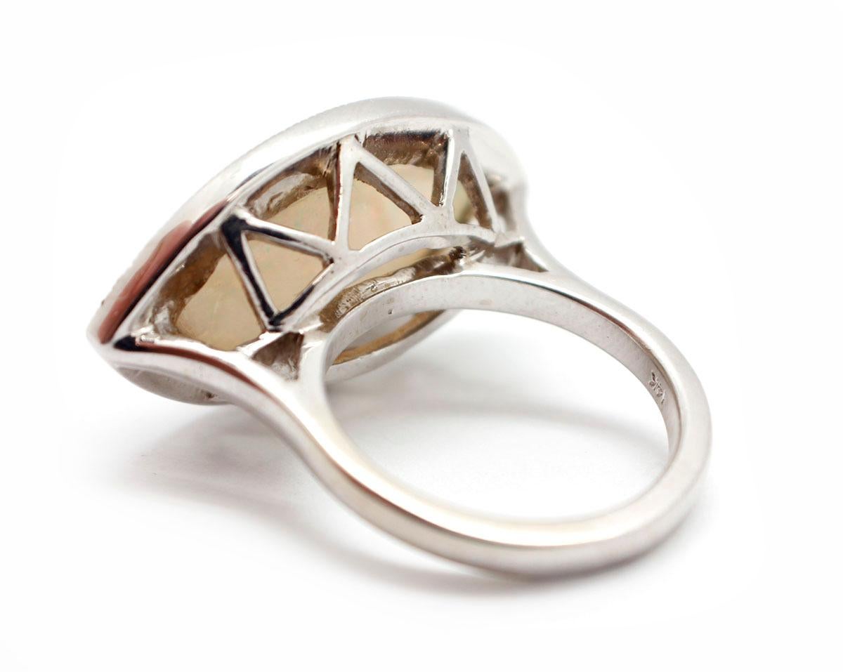 Modern Custom-Made 14 Karat White Gold, 0.32 Carat Diamond and Opal Ring