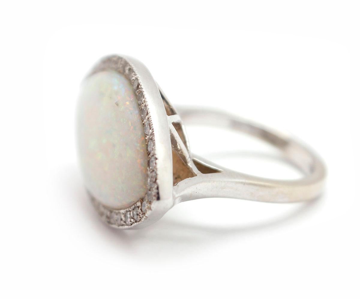 Marquise Cut Custom-Made 14 Karat White Gold, 0.32 Carat Diamond and Opal Ring