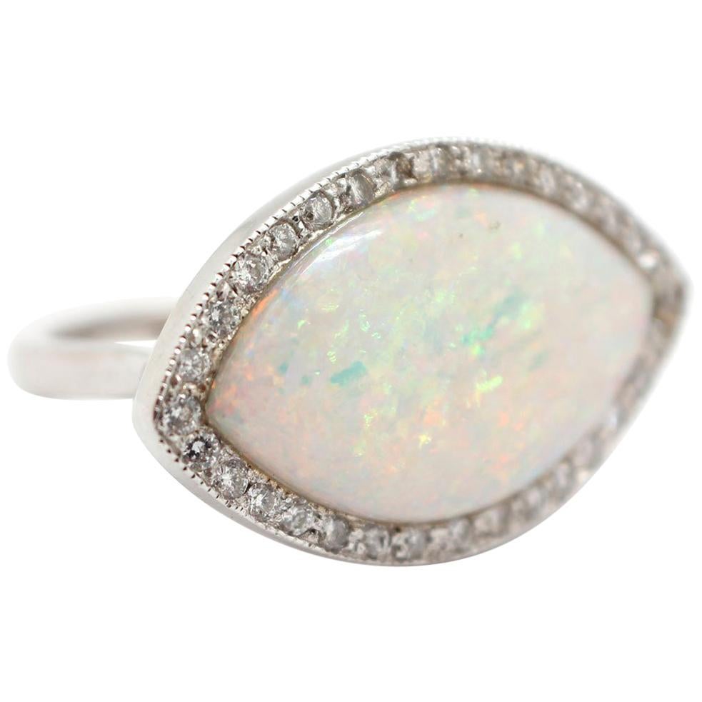 Custom-Made 14 Karat White Gold, 0.32 Carat Diamond and Opal Ring