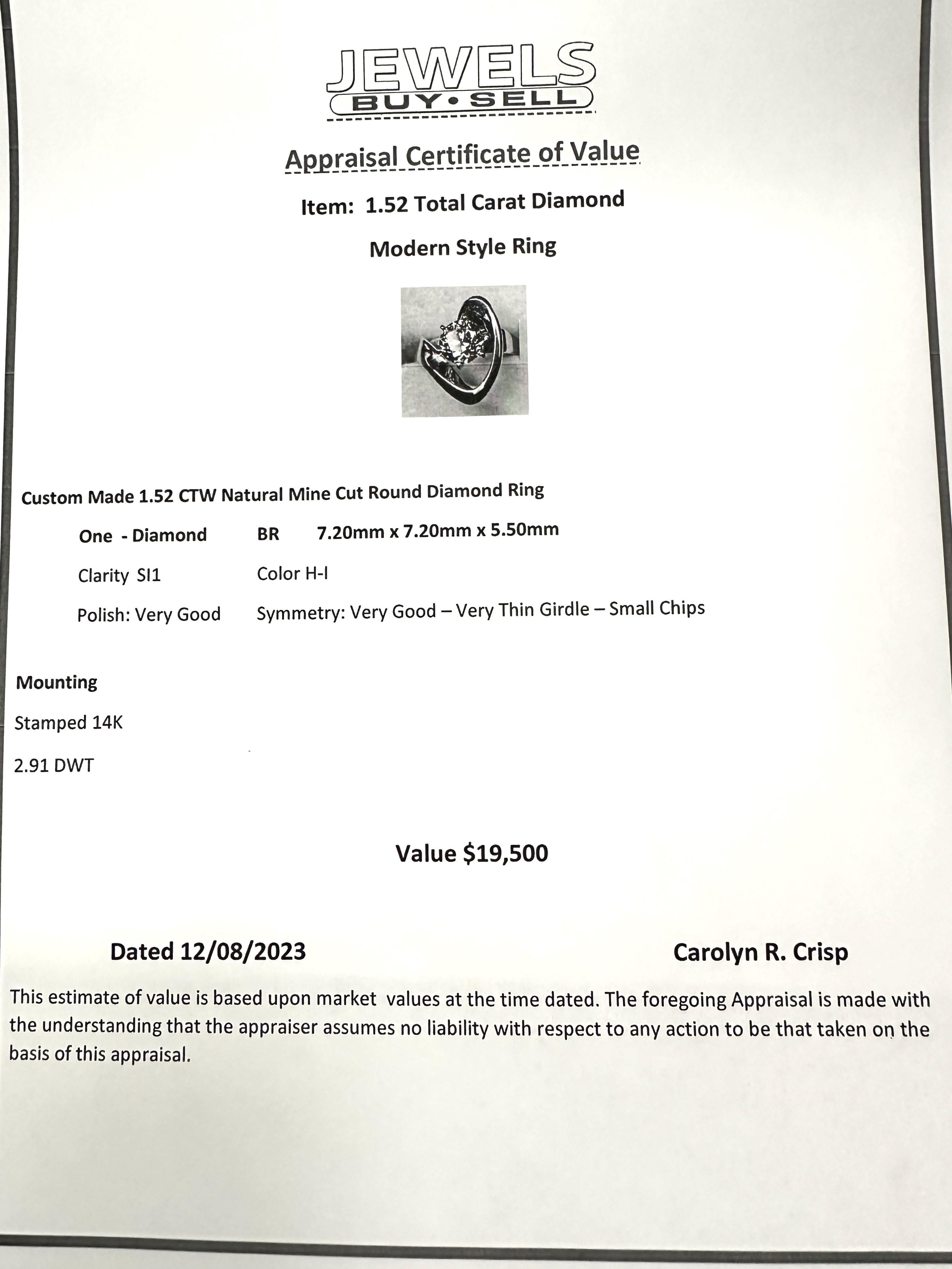 Custom Made 14k Yellow Gold 1.52 Carat Diamond Engagement Ring with Appraisal For Sale 3