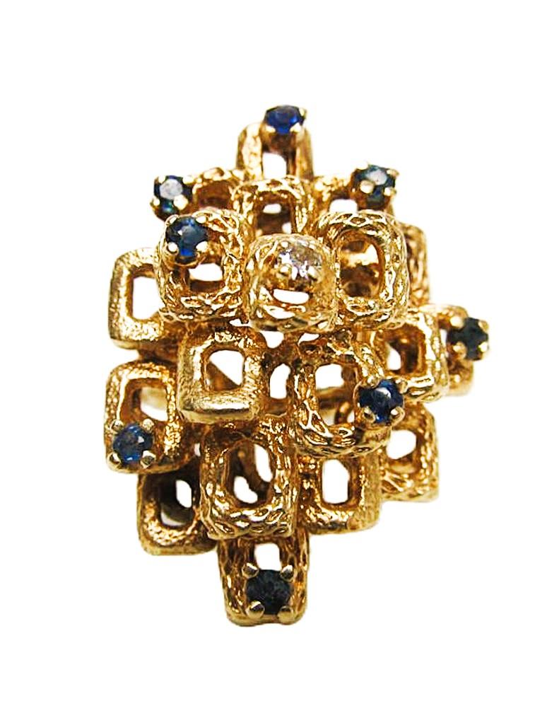 CUSTOM MADE Or jaune 14k .24 Carat Rubis et Diamant Bague Moderniste Brutaliste Pour femmes en vente